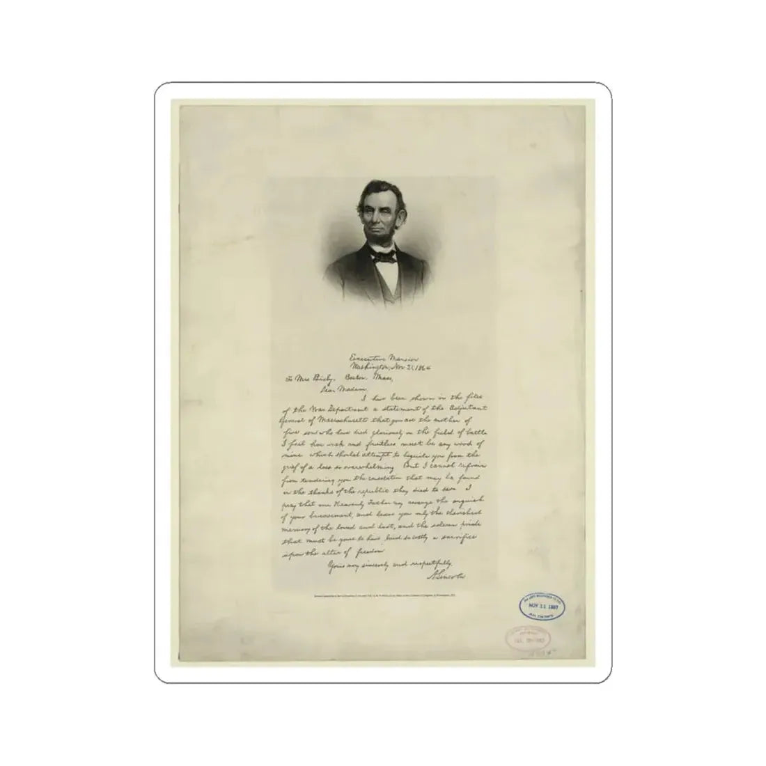 Letter From Abraham Lincoln to Mrs. Bixby, With Bust-Length Portrait of Lincoln (U.S. Civil War) STICKER Vinyl Kiss-Cut Decal 6 Inch White - The Sticker Space