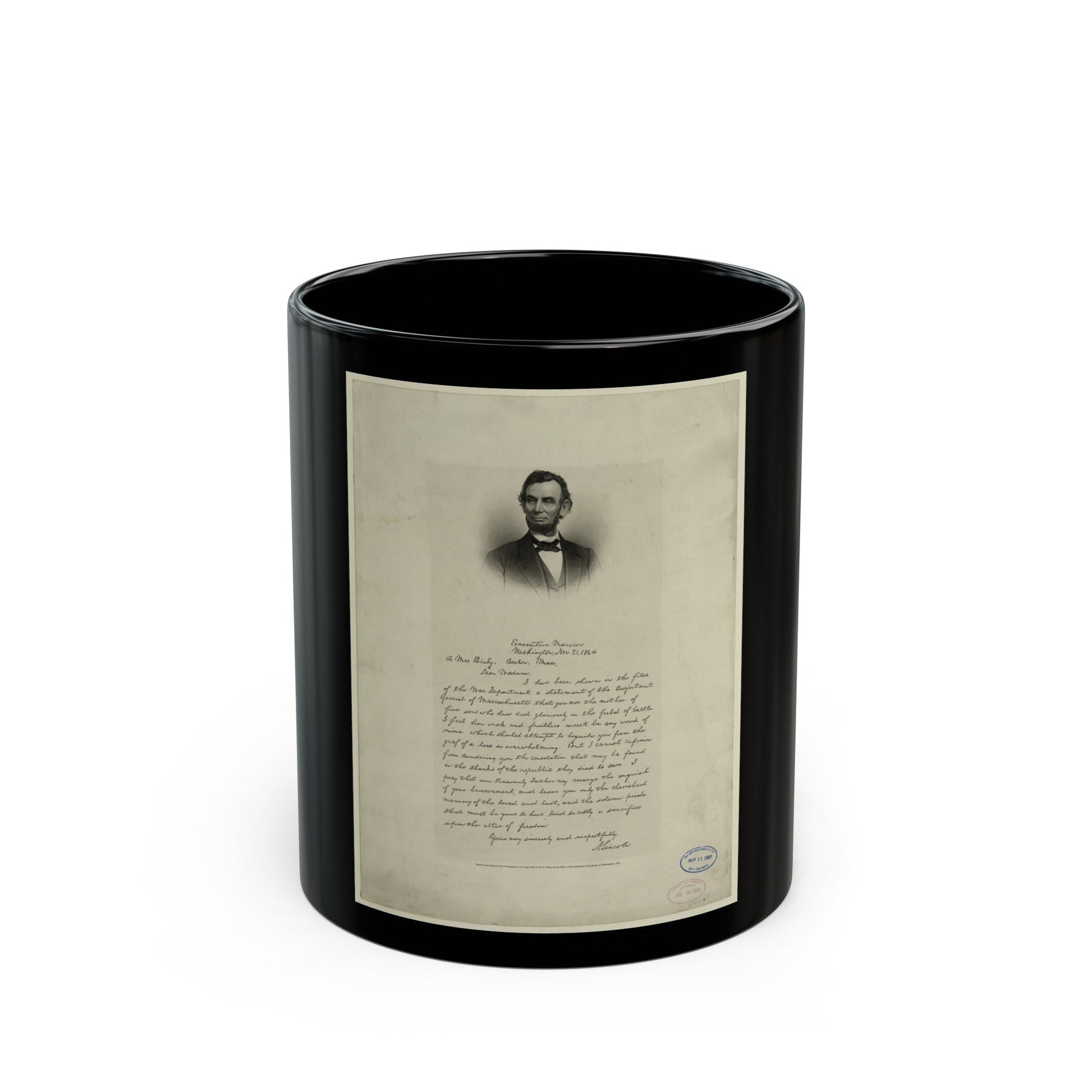 Letter From Abraham Lincoln To Mrs. Bixby, With Bust-Length Portrait Of Lincoln (U.S. Civil War) Black Coffee Mug-11oz-The Sticker Space