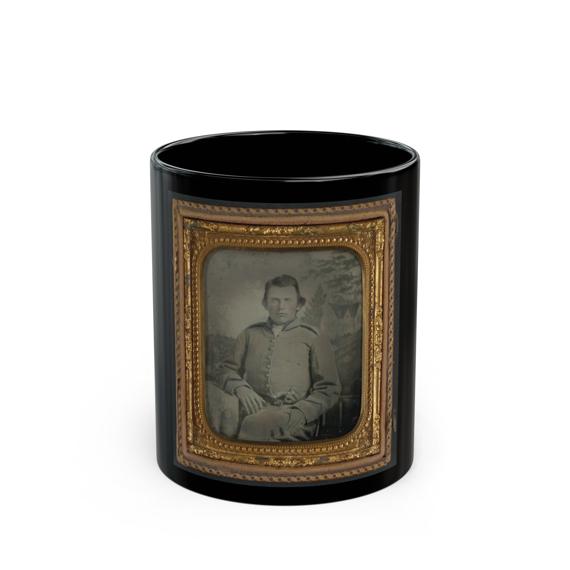 Lewis Hicks Of Company H, 53rd North Carolina Infantry Regiment With Pistol In Front Of Painted Backdrop Showing A Gabled House (U.S. Civil War) Black Coffee Mug-11oz-The Sticker Space