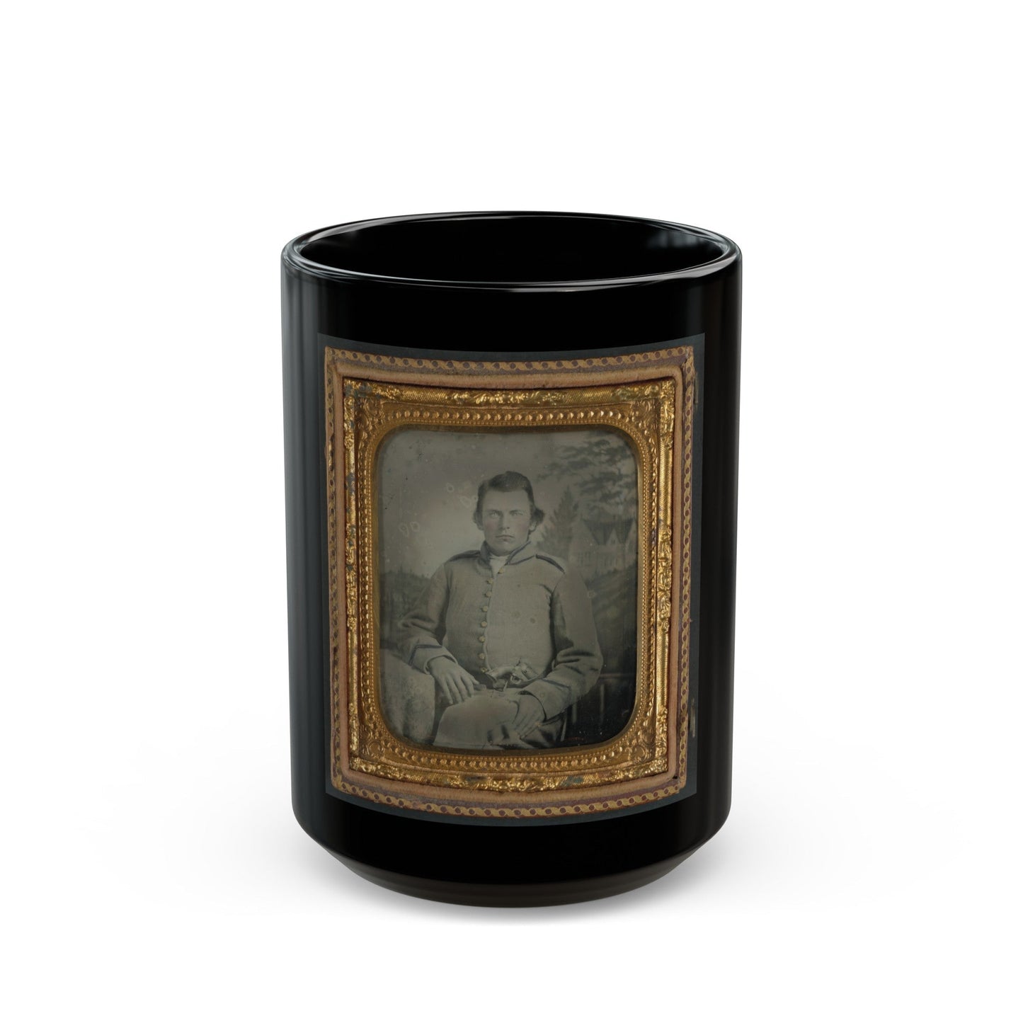 Lewis Hicks Of Company H, 53rd North Carolina Infantry Regiment With Pistol In Front Of Painted Backdrop Showing A Gabled House (U.S. Civil War) Black Coffee Mug-15oz-The Sticker Space