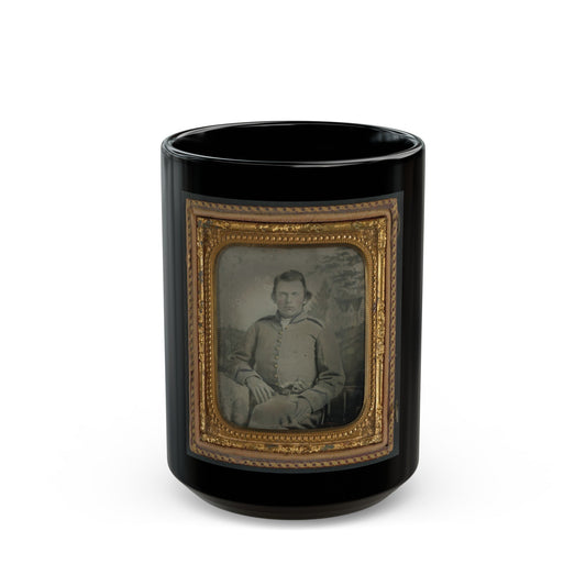 Lewis Hicks Of Company H, 53rd North Carolina Infantry Regiment With Pistol In Front Of Painted Backdrop Showing A Gabled House (U.S. Civil War) Black Coffee Mug-15oz-The Sticker Space