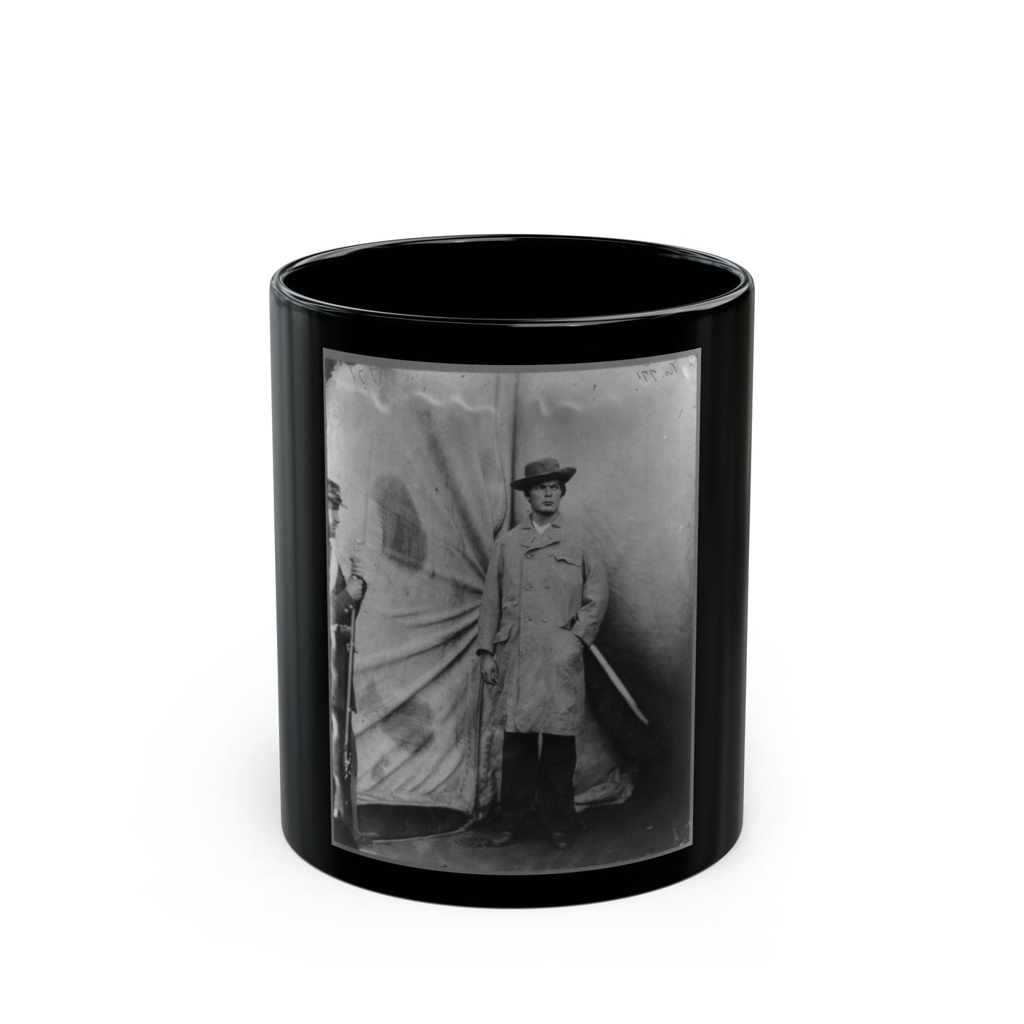 Lewis Payne, Lincoln Conspirator, Full-Length Portrait, Standing In Front Of Tent, Facing Right (U.S. Civil War) Black Coffee Mug-11oz-The Sticker Space