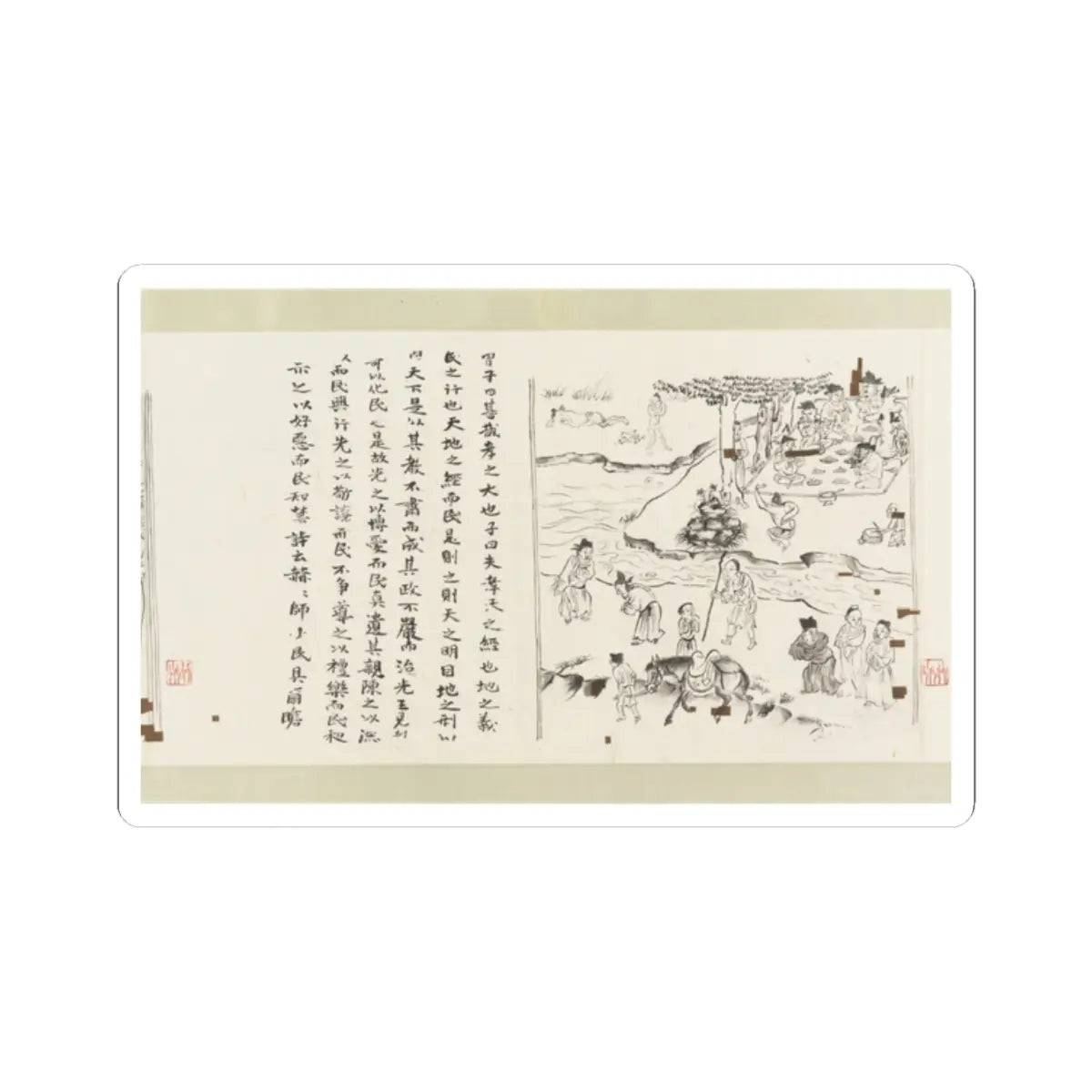 Ink line drawing of travellers by a stream, a saddled horse and a feast under a tree beside a column of text.