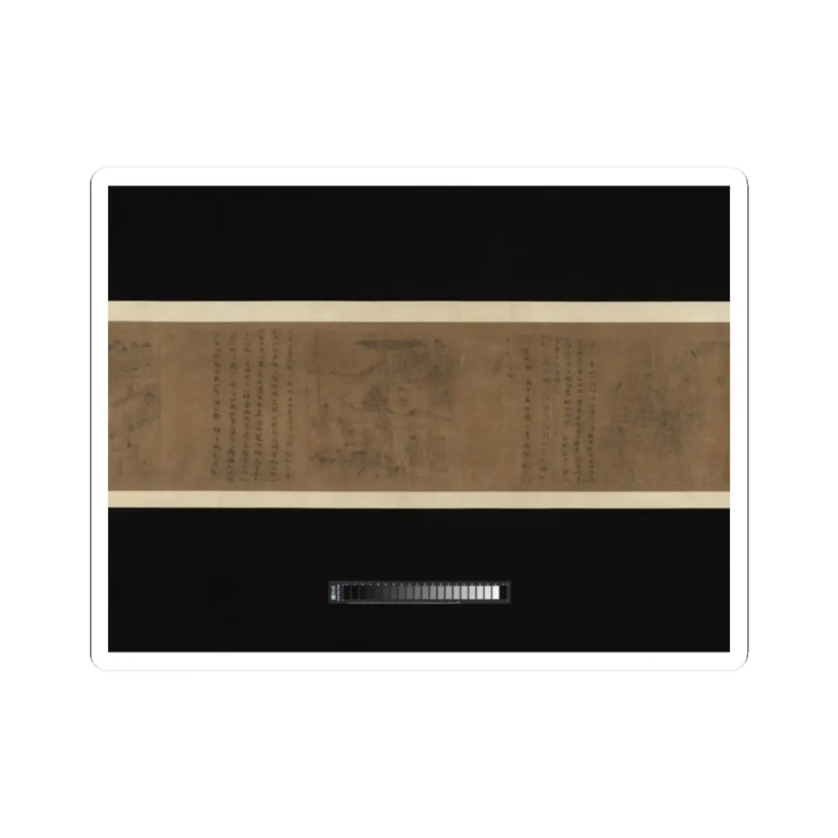 Long silk handscroll with small ink figure scenes, including a pavilion, set between Chinese calligraphy columns.