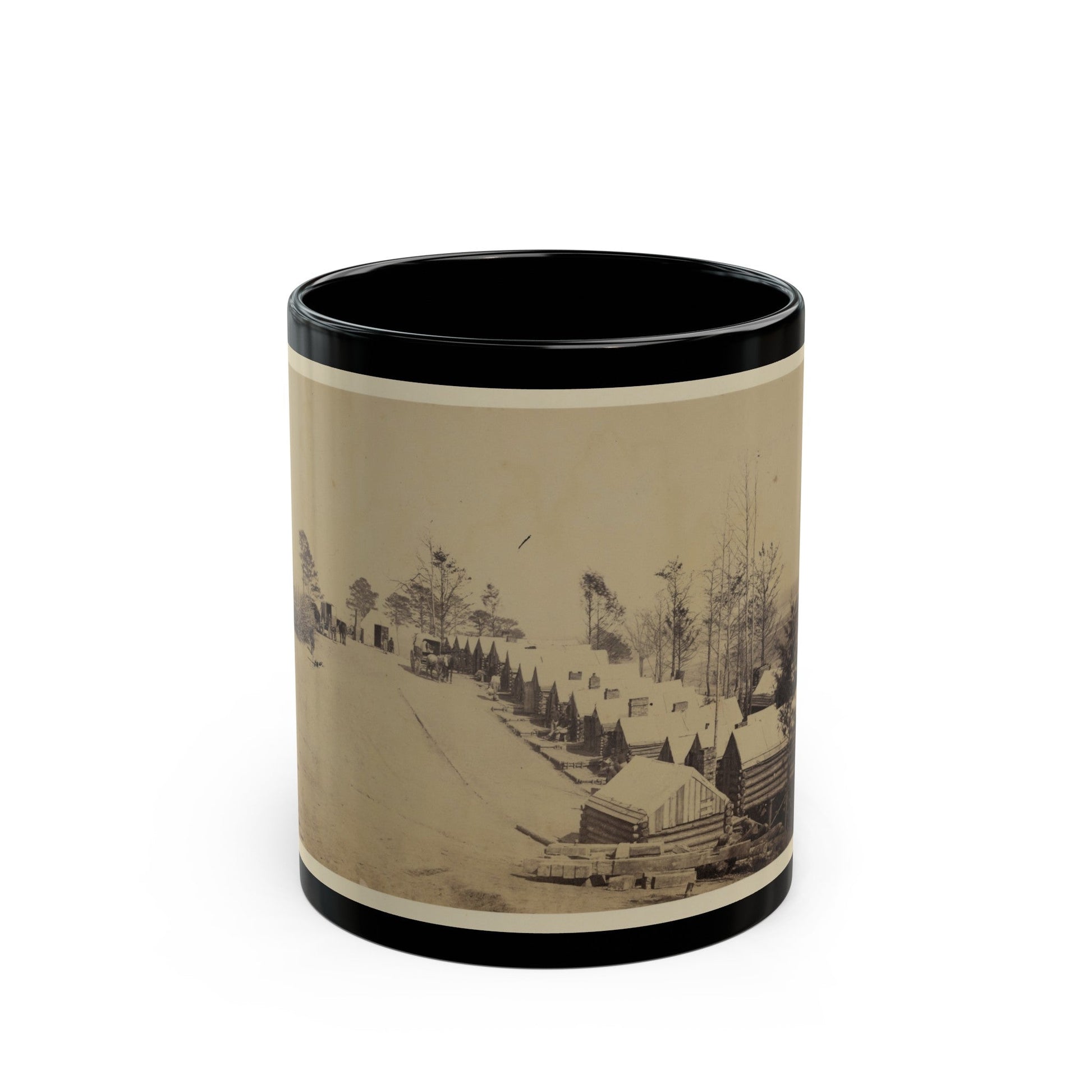 Log Cabin Barracks At A Military Facility (U.S. Civil War) Black Coffee Mug-11oz-The Sticker Space