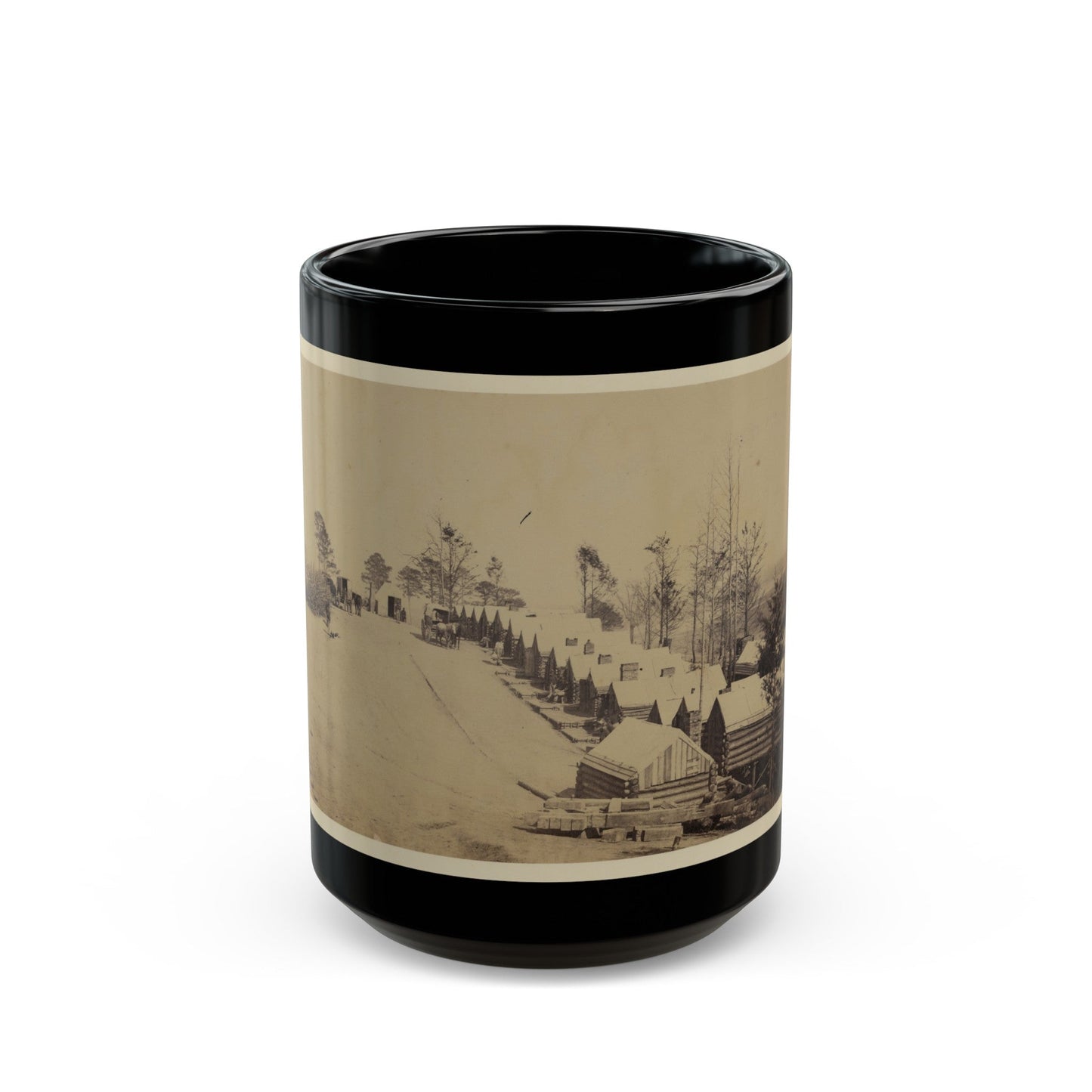 Log Cabin Barracks At A Military Facility (U.S. Civil War) Black Coffee Mug-15oz-The Sticker Space