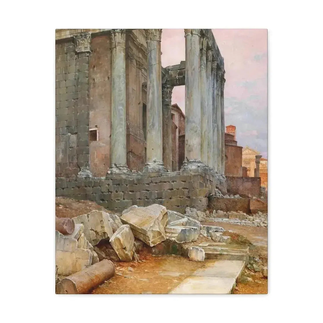 Luigi Bazzani (1838-1927) View of the Temple of Antoninus and Faustina looking towards the Santa Frances - Canvas Wall Art 16″ x 20″ 1.25" - The Sticker Space