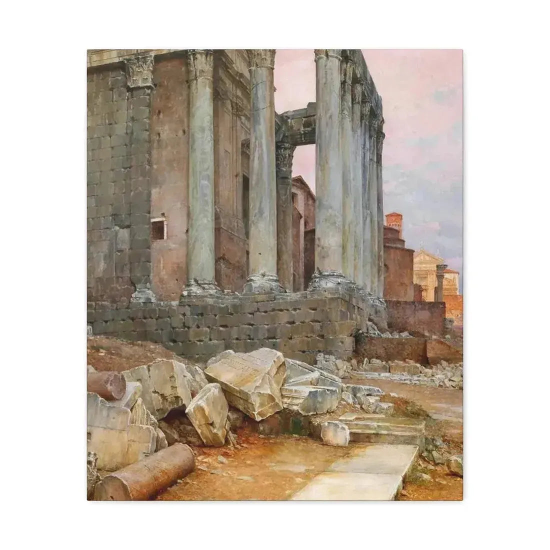 Luigi Bazzani (1838-1927) View of the Temple of Antoninus and Faustina looking towards the Santa Frances - Canvas Wall Art 20″ x 24″ 1.25" - The Sticker Space