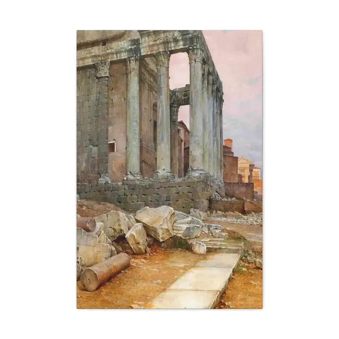 Luigi Bazzani (1838-1927) View of the Temple of Antoninus and Faustina looking towards the Santa Frances - Canvas Wall Art 20″ x 30″ 1.25" - The Sticker Space