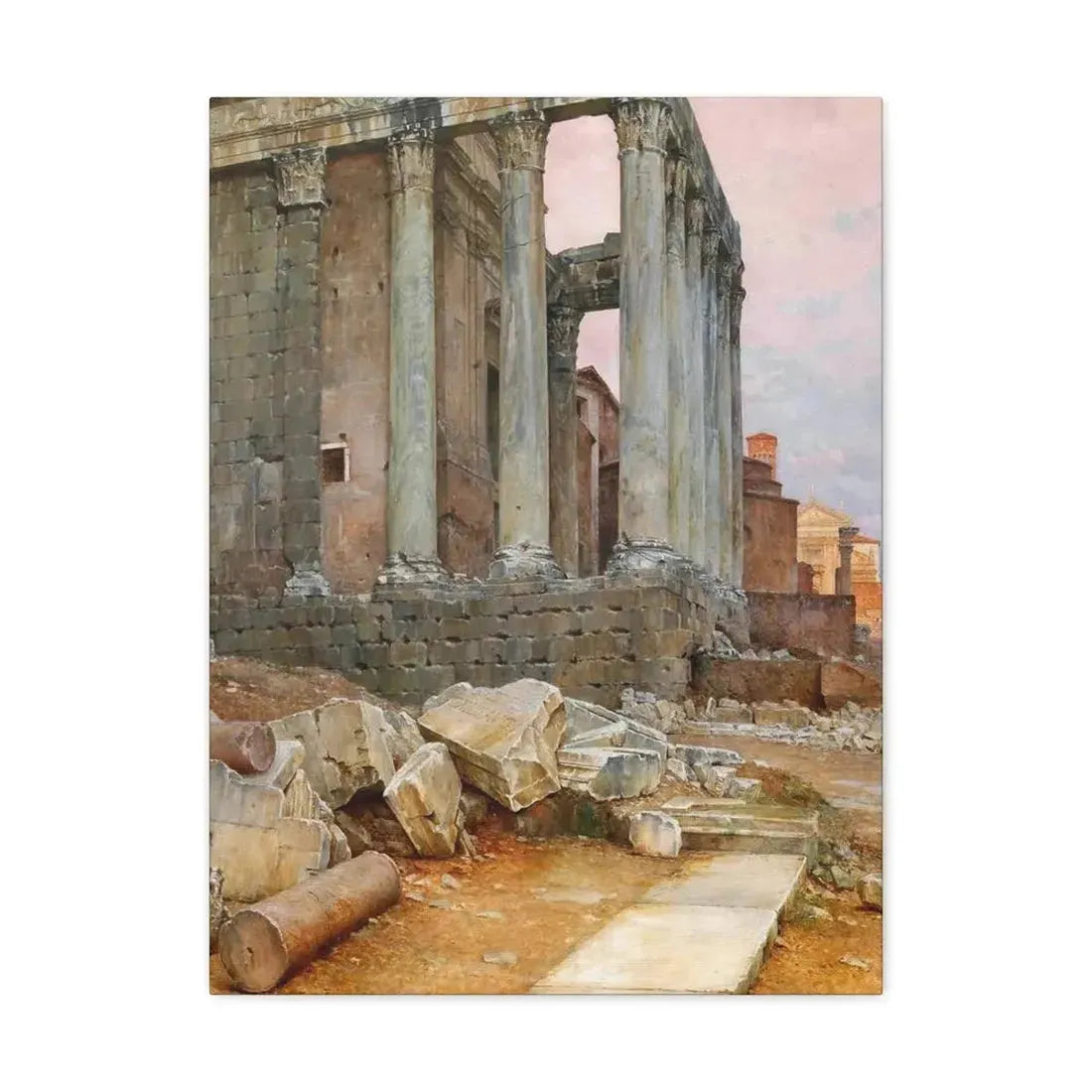 Luigi Bazzani (1838-1927) View of the Temple of Antoninus and Faustina looking towards the Santa Frances - Canvas Wall Art - The Sticker Space