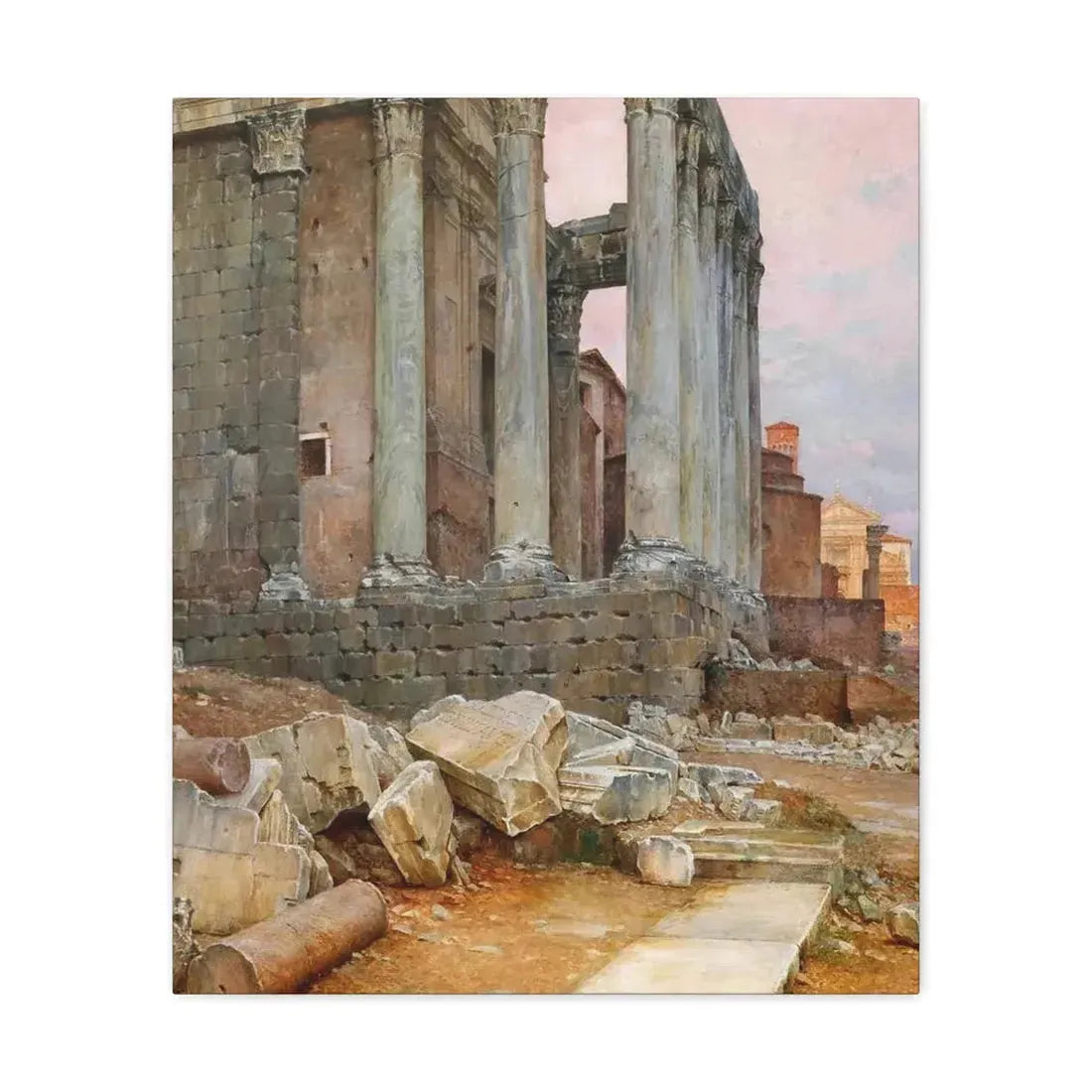 Luigi Bazzani (1838-1927) View of the Temple of Antoninus and Faustina looking towards the Santa Frances - Canvas Wall Art - The Sticker Space
