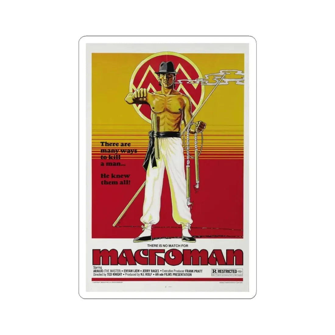 MACHOMAN 1980 Movie Poster - STICKER Vinyl Kiss-Cut Decal 3 Inch White - The Sticker Space
