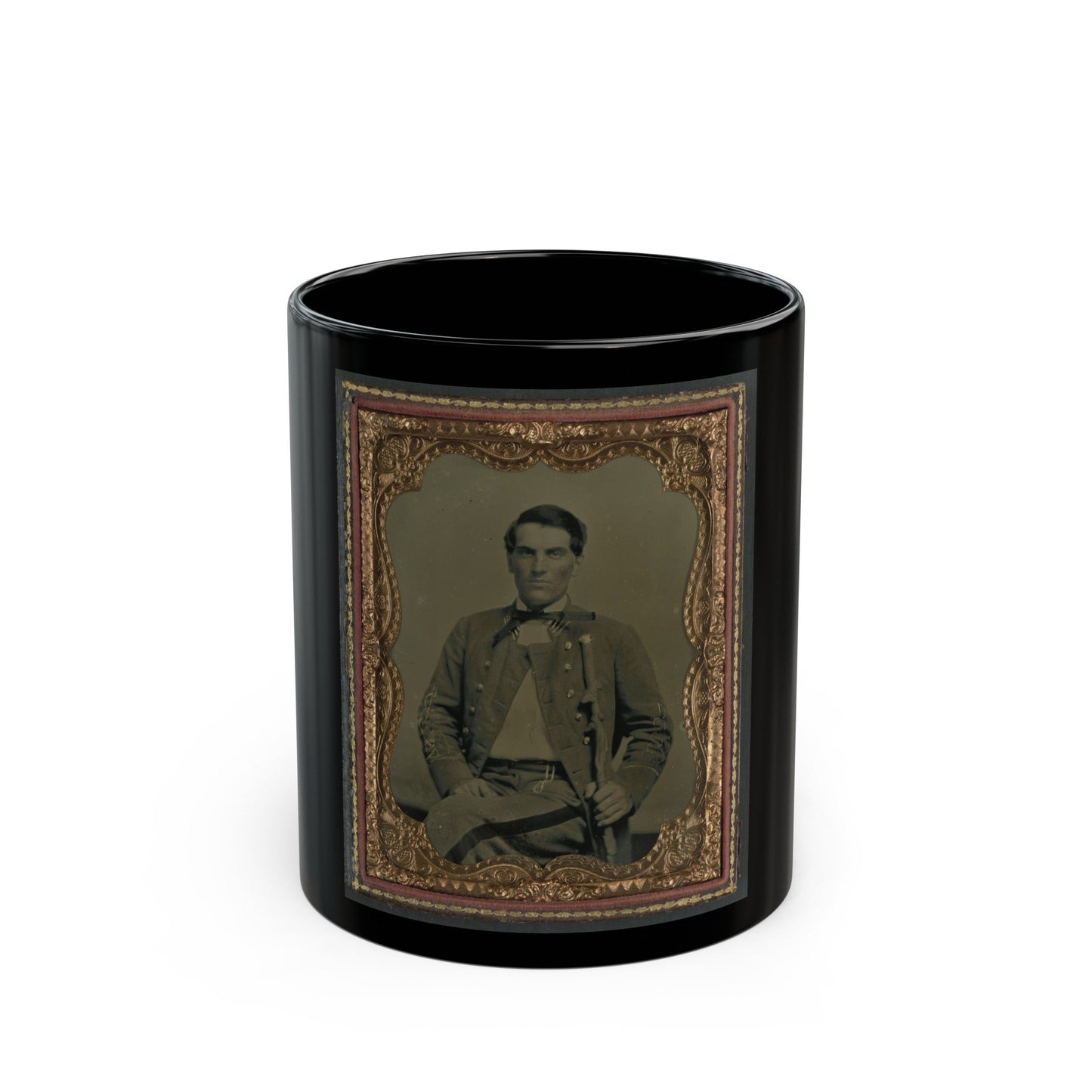 Major Charles Jones Green Of Co. A, 47th Virginia Infantry Regiment, In Uniform With Carved Cane (U.S. Civil War) Black Coffee Mug-11oz-The Sticker Space