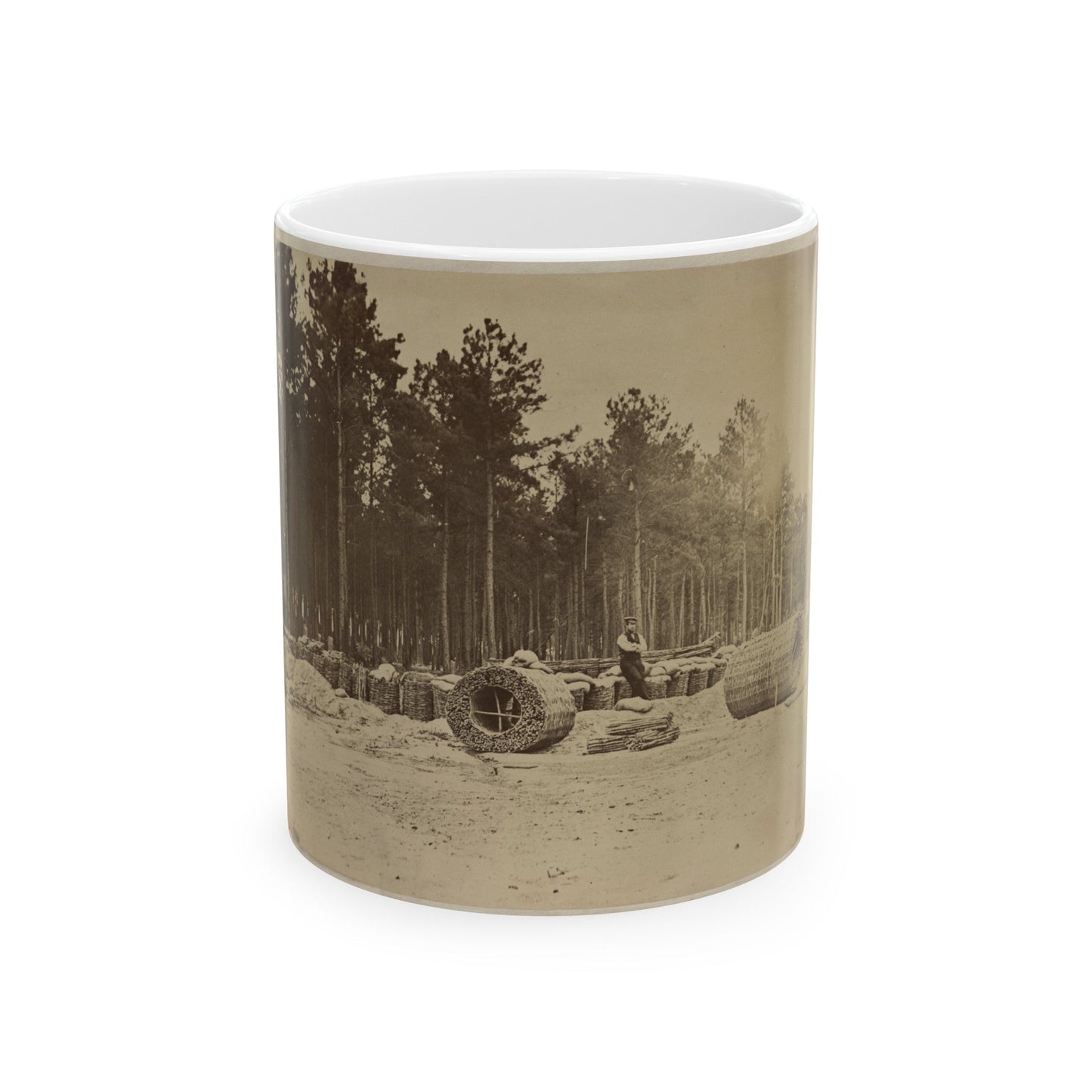 Man Seated On Gabions In Engineer Camp In Front Of Petersburg, Virginia (U.S. Civil War) White Coffee Mug-11oz-The Sticker Space