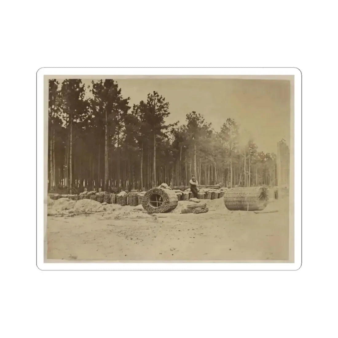 Man Seated on Gabions in Engineer Camp in Front of Petersburg, Virginia (U.S. Civil War) STICKER Vinyl Kiss-Cut Decal 2 Inch White - The Sticker Space
