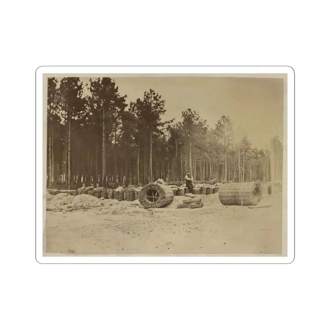 Man Seated on Gabions in Engineer Camp in Front of Petersburg, Virginia (U.S. Civil War) STICKER Vinyl Kiss-Cut Decal 4 Inch White - The Sticker Space