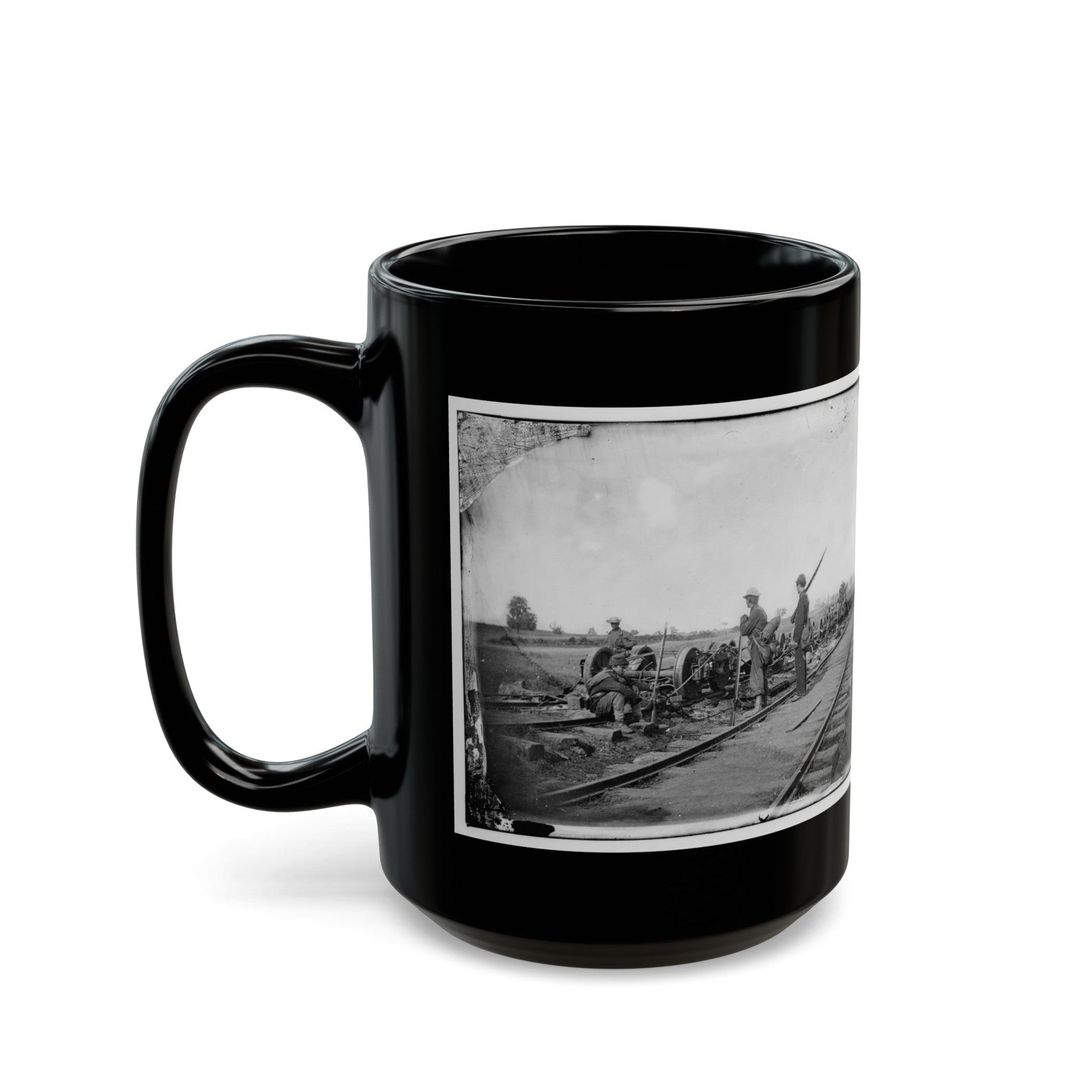 Manassas Junction, Va. Soldiers Beside Damaged Rolling Stock Of The Orange & Alexandria Railroad (U.S. Civil War) Black Coffee Mug-The Sticker Space