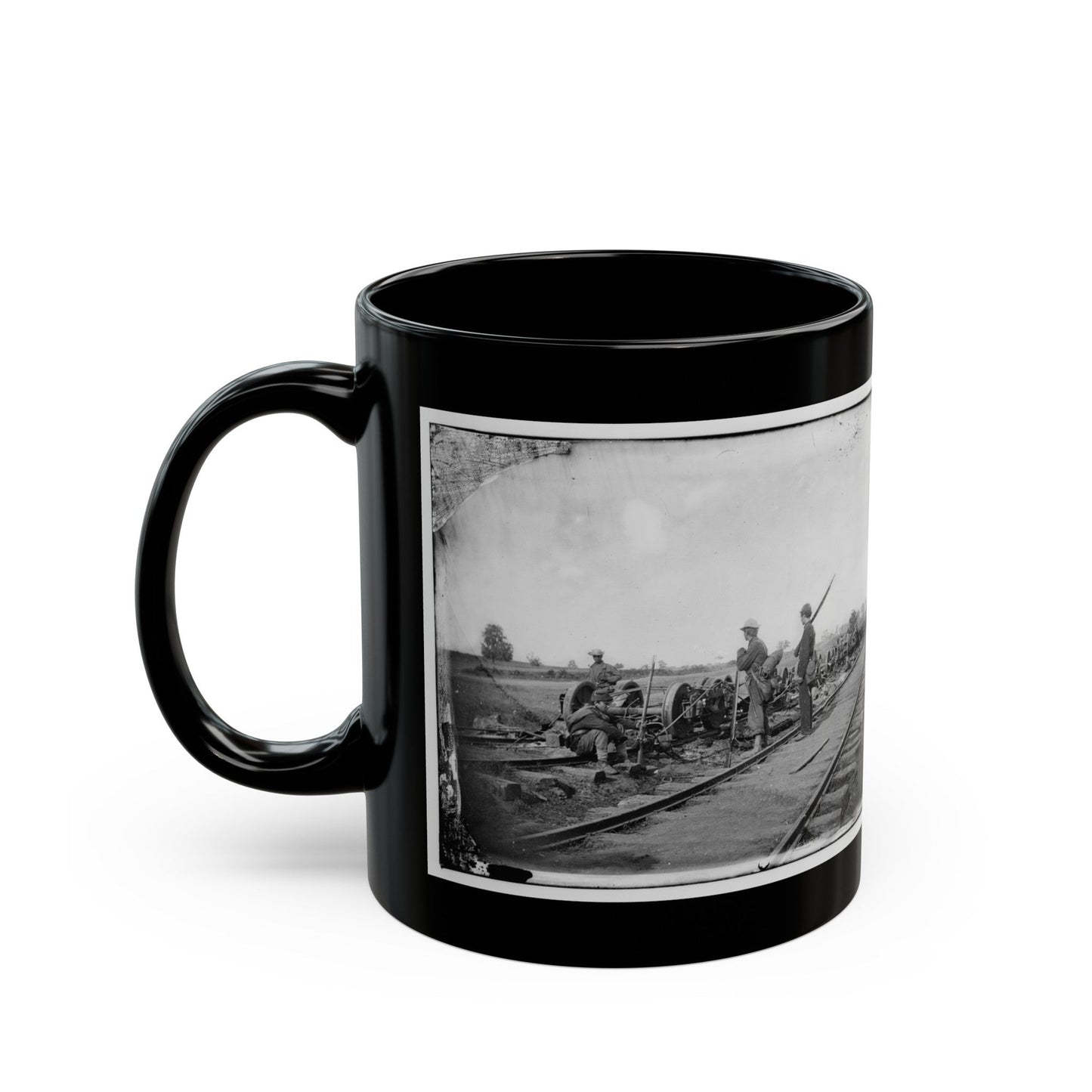 Manassas Junction, Va. Soldiers Beside Damaged Rolling Stock Of The Orange & Alexandria Railroad (U.S. Civil War) Black Coffee Mug-The Sticker Space