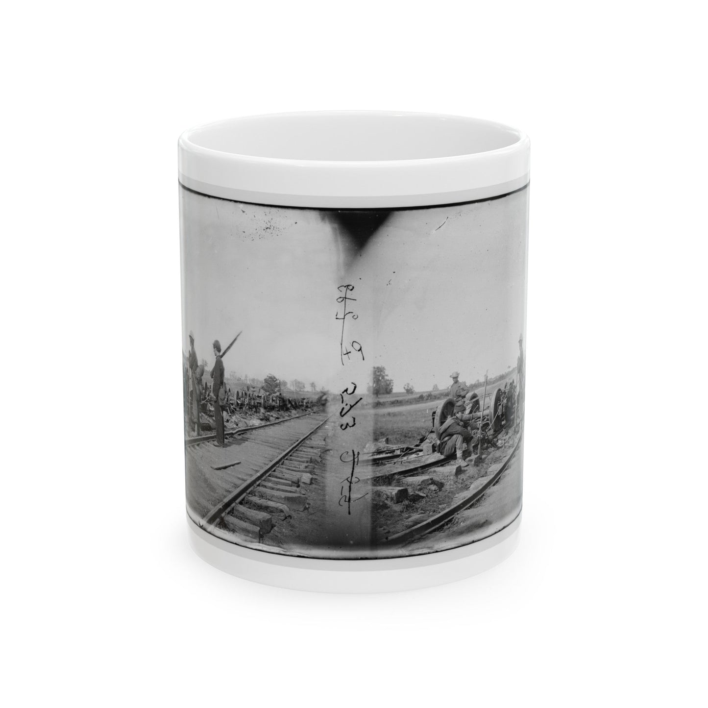 Manassas Junction, Va. Soldiers Beside Damaged Rolling Stock Of The Orange & Alexandria Railroad (U.S. Civil War) White Coffee Mug-11oz-The Sticker Space