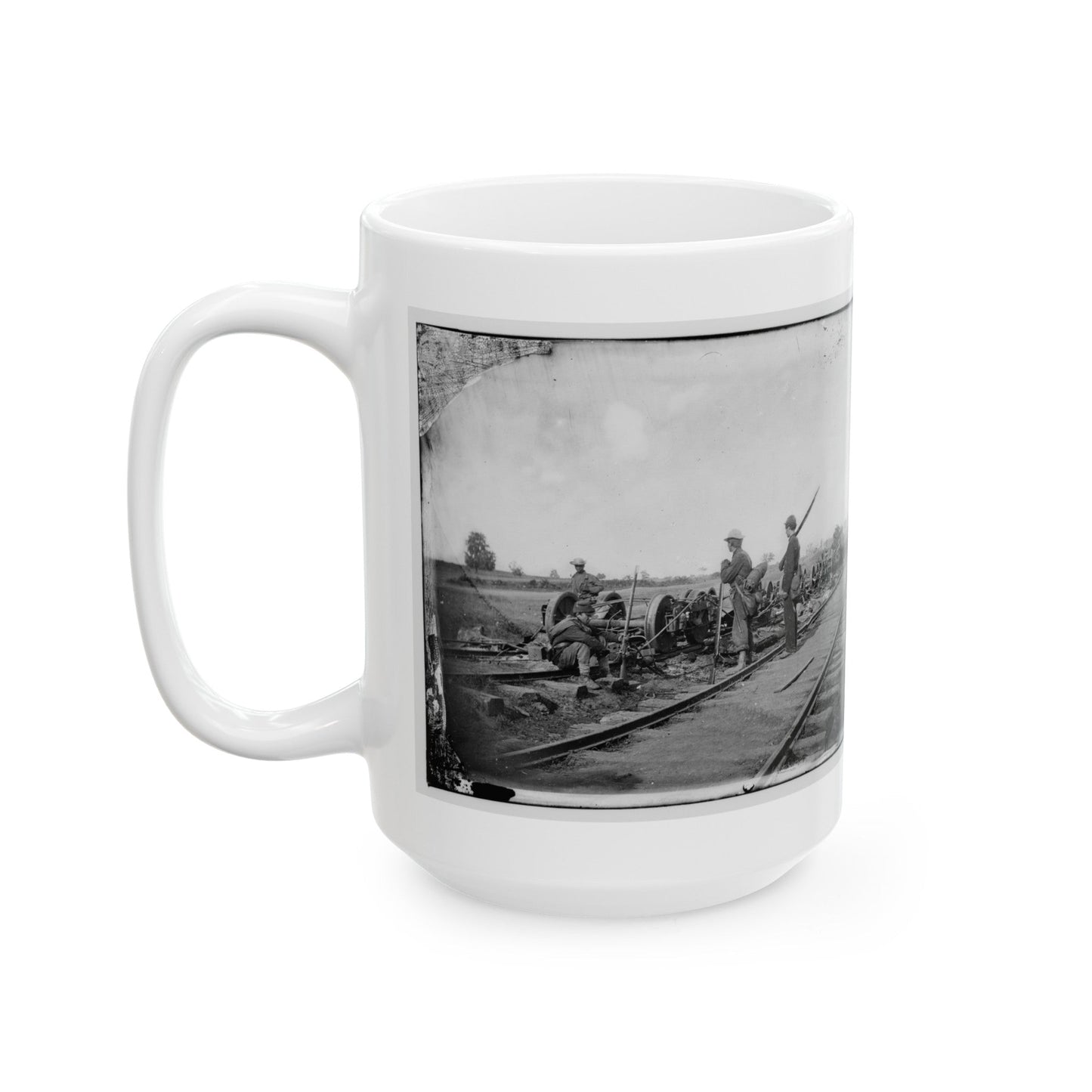 Manassas Junction, Va. Soldiers Beside Damaged Rolling Stock Of The Orange & Alexandria Railroad (U.S. Civil War) White Coffee Mug-The Sticker Space