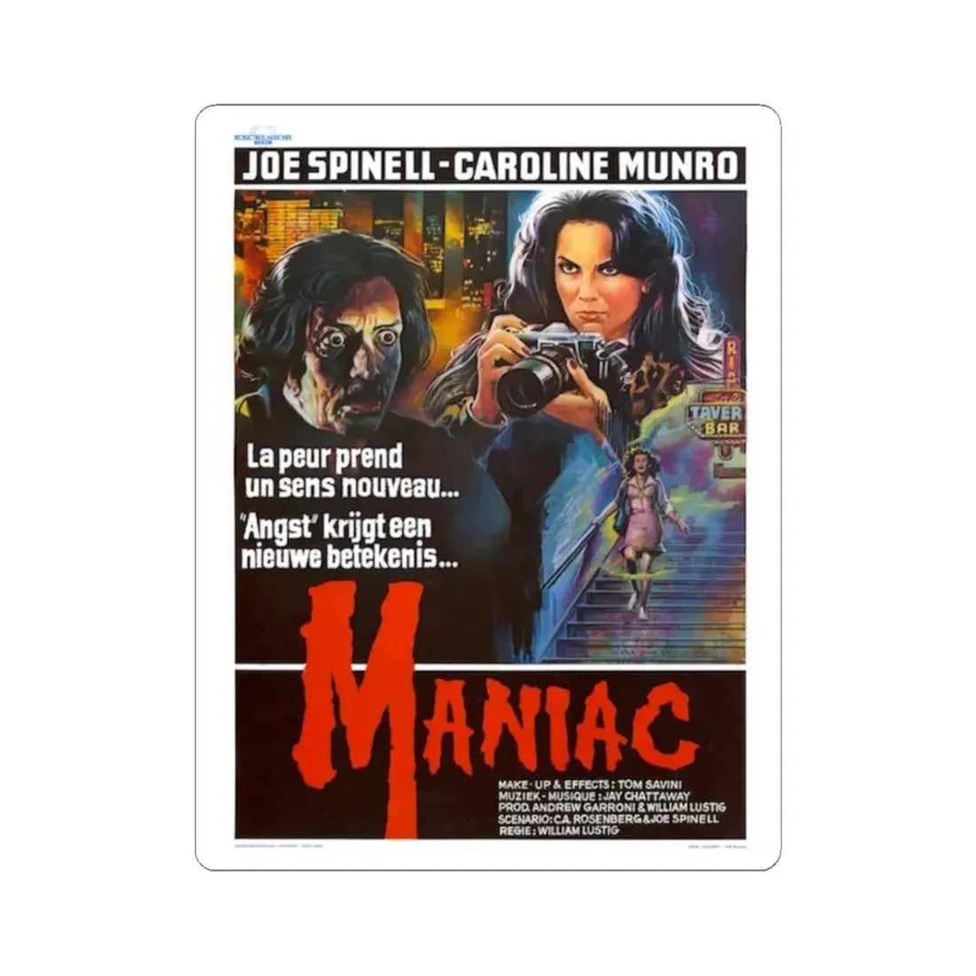 MANIAC (BELGIAN) 1980 Movie Poster - STICKER Vinyl Kiss-Cut Decal 3 Inch White - The Sticker Space