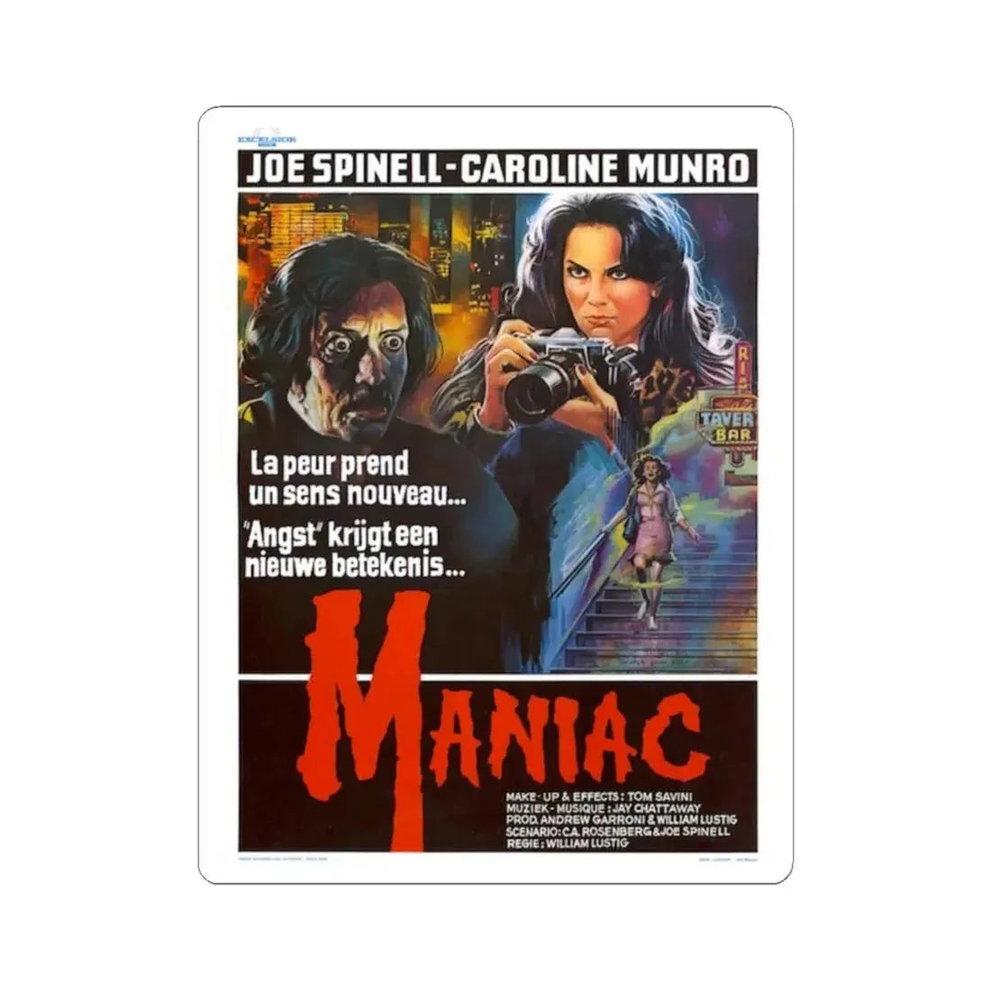 MANIAC (BELGIAN) 1980 Movie Poster - STICKER Vinyl Kiss-Cut Decal 4 Inch White - The Sticker Space