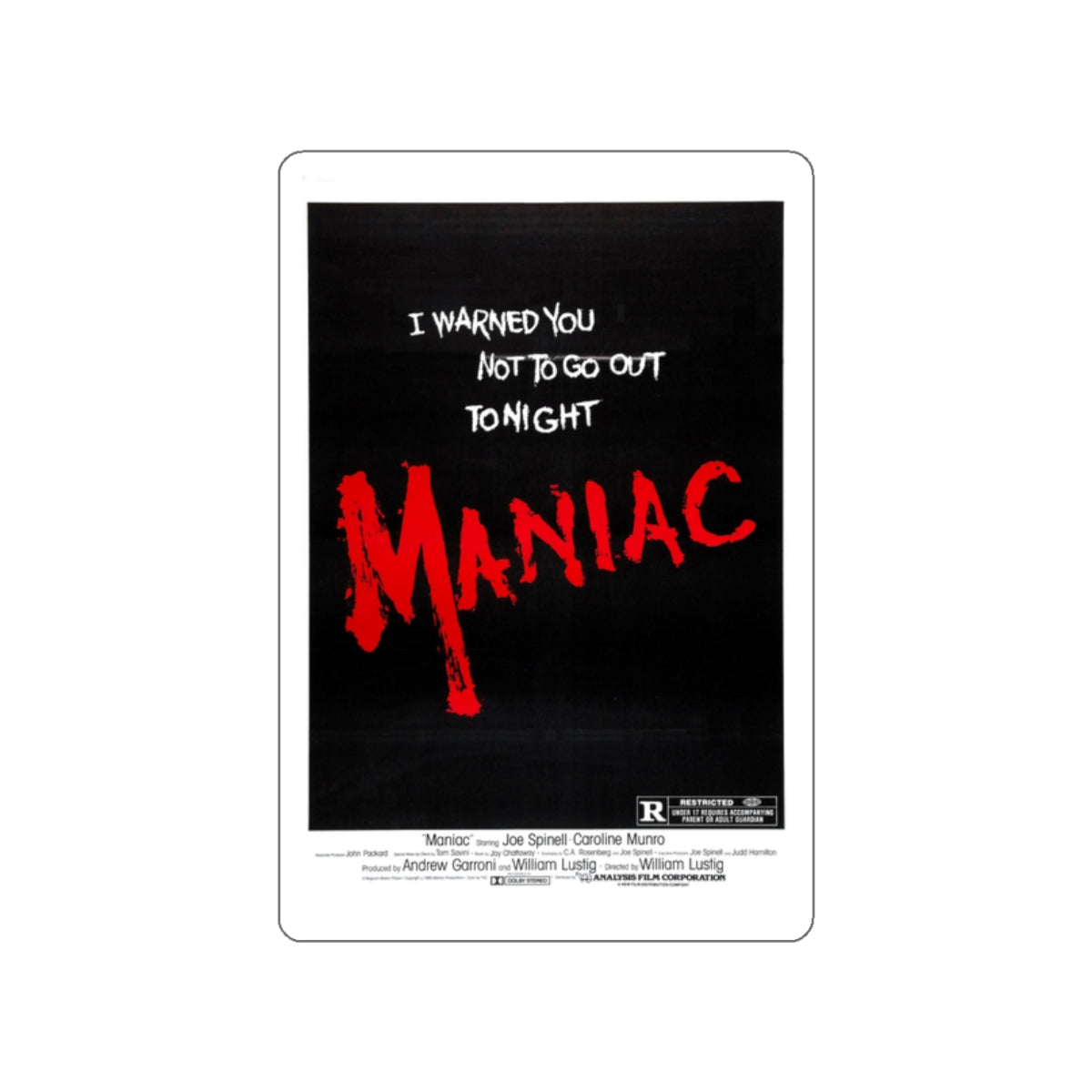 MANIAC (TEASER) 1980 Movie Poster STICKER Vinyl Die-Cut Decal-2 Inch-The Sticker Space