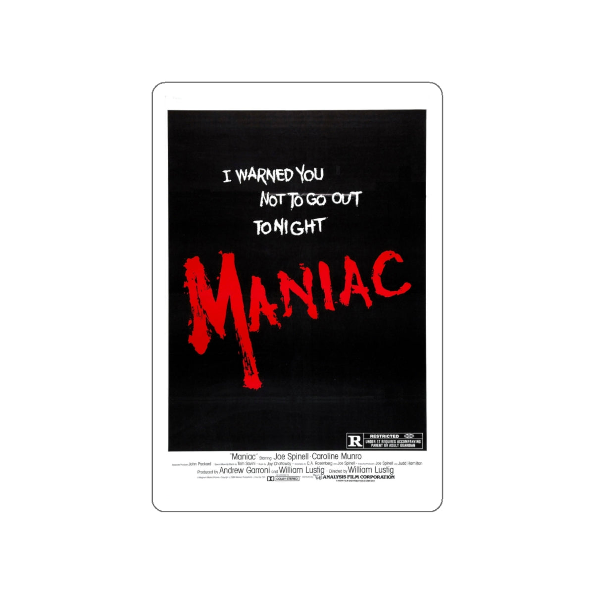 MANIAC (TEASER) 1980 Movie Poster STICKER Vinyl Die-Cut Decal-4 Inch-The Sticker Space