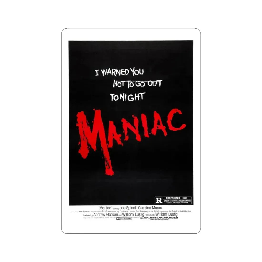 MANIAC (TEASER) 1980 Movie Poster - STICKER Vinyl Kiss-Cut Decal 3 Inch White - The Sticker Space