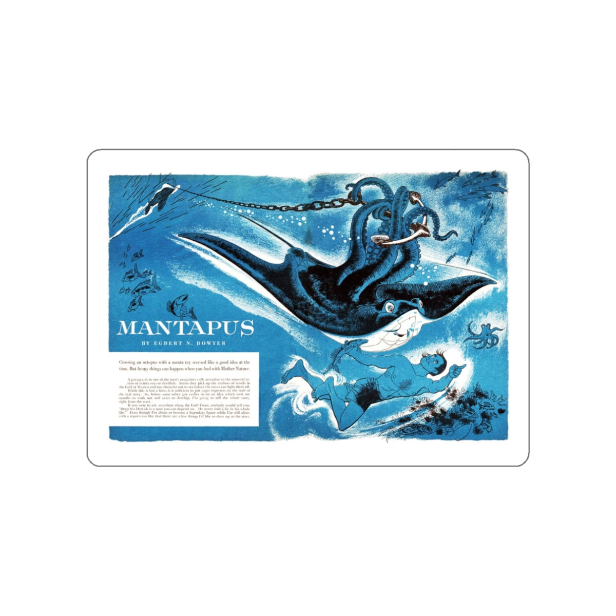 Mantapus, Bluebook, April 1954 (Magazine Illustration) STICKER Vinyl Die-Cut Decal-White-The Sticker Space