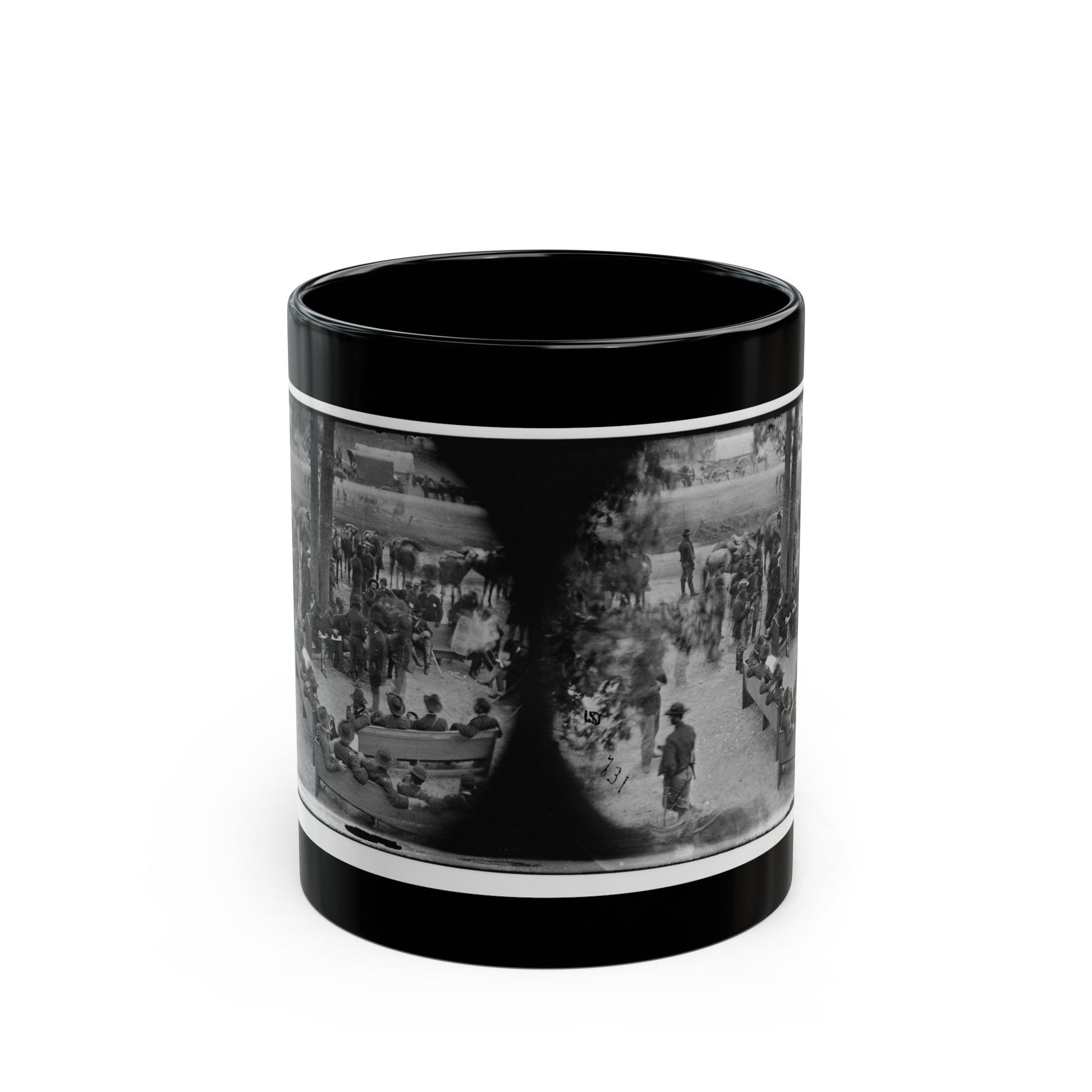 Massaponax Church, Va. Council Of War Gen. Ulysses S. Grant (Left End Of Bench Nearest Tree) Writing A Dispatch (U.S. Civil War) Black Coffee Mug-11oz-The Sticker Space