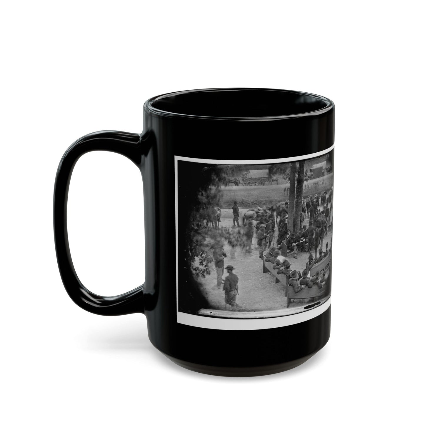 Massaponax Church, Va. Council Of War Gen. Ulysses S. Grant (Left End Of Bench Nearest Tree) Writing A Dispatch (U.S. Civil War) Black Coffee Mug-The Sticker Space