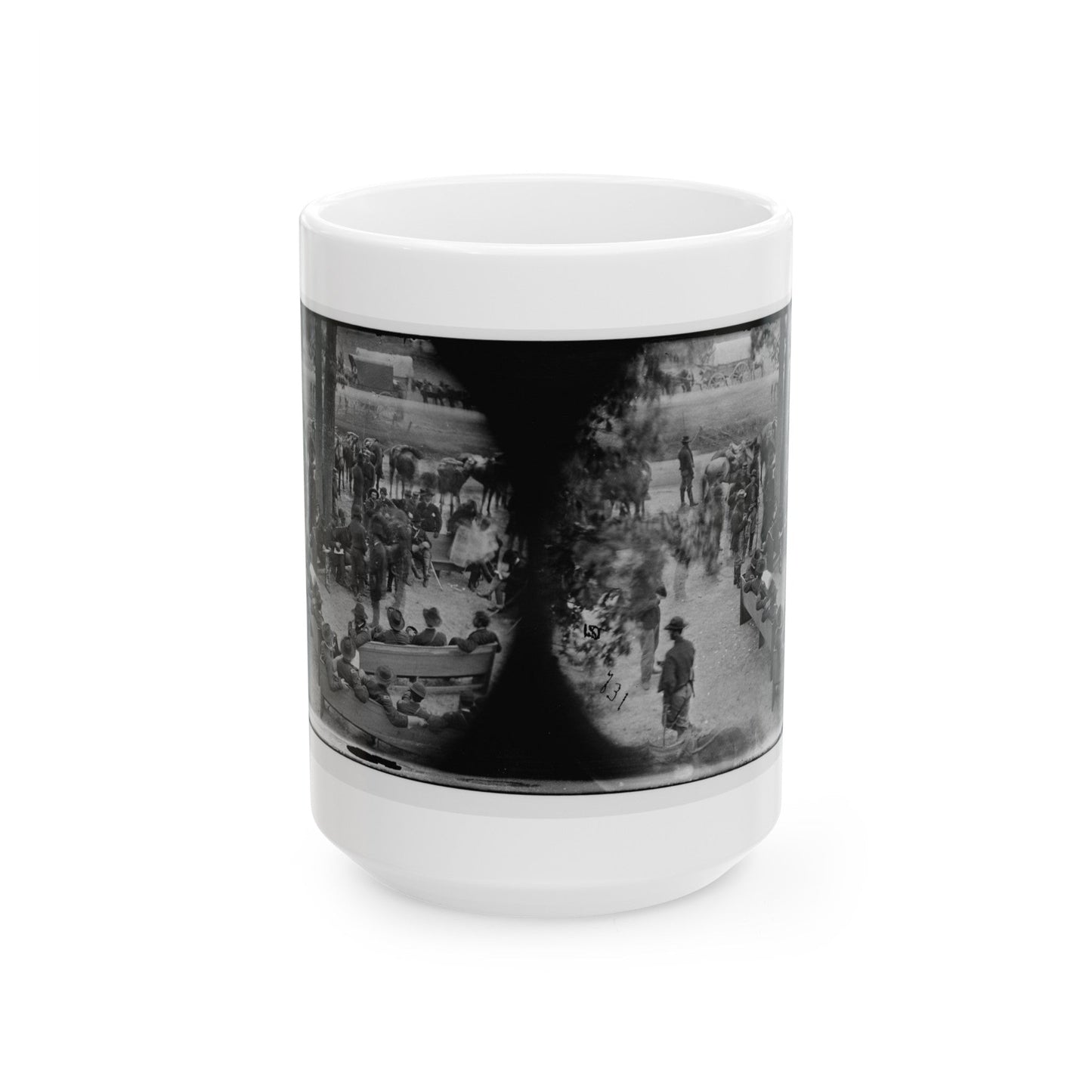 Massaponax Church, Va. Council Of War Gen. Ulysses S. Grant (Left End Of Bench Nearest Tree) Writing A Dispatch (U.S. Civil War) White Coffee Mug-15oz-The Sticker Space