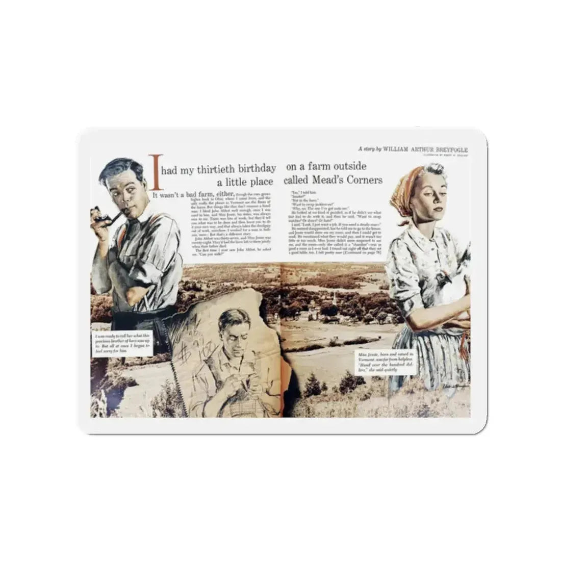 Mead's Corners, Woman's Day, January 1951 (Magazine Illustration) Refrigerator Magnet 2 Inch - The Sticker Space