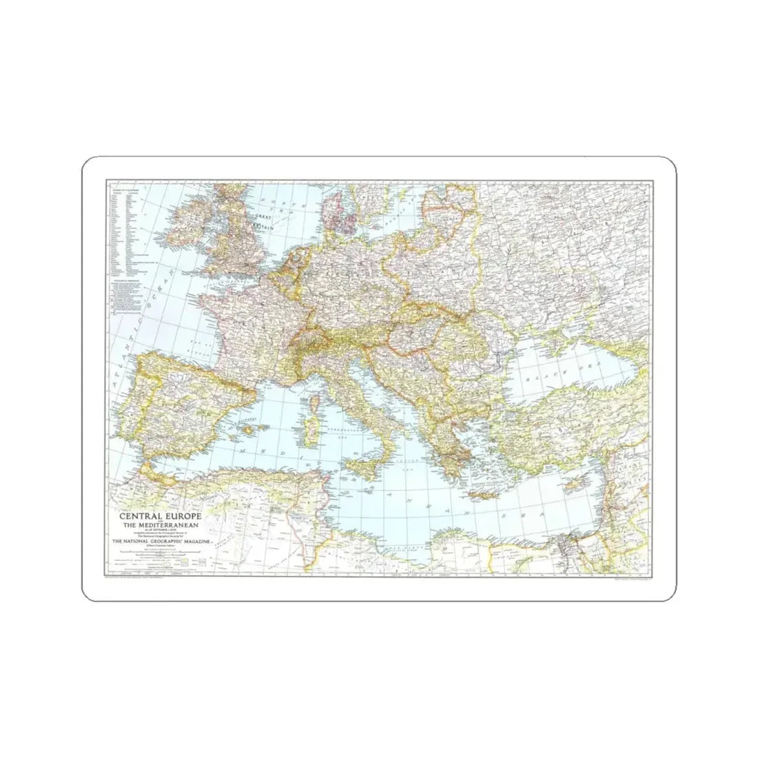 Mediterranean as of September 1 (1939) (Map) STICKER Vinyl Kiss-Cut Decal 6 Inch White - The Sticker Space