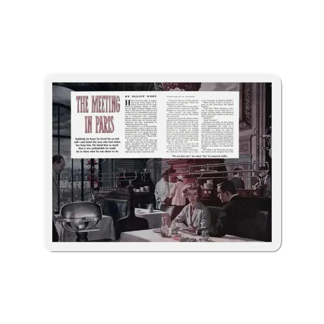 Meeting In Paris, Cosmopolitan, April 1957 (Magazine Illustration) Refrigerator Magnet 2 Inch - The Sticker Space