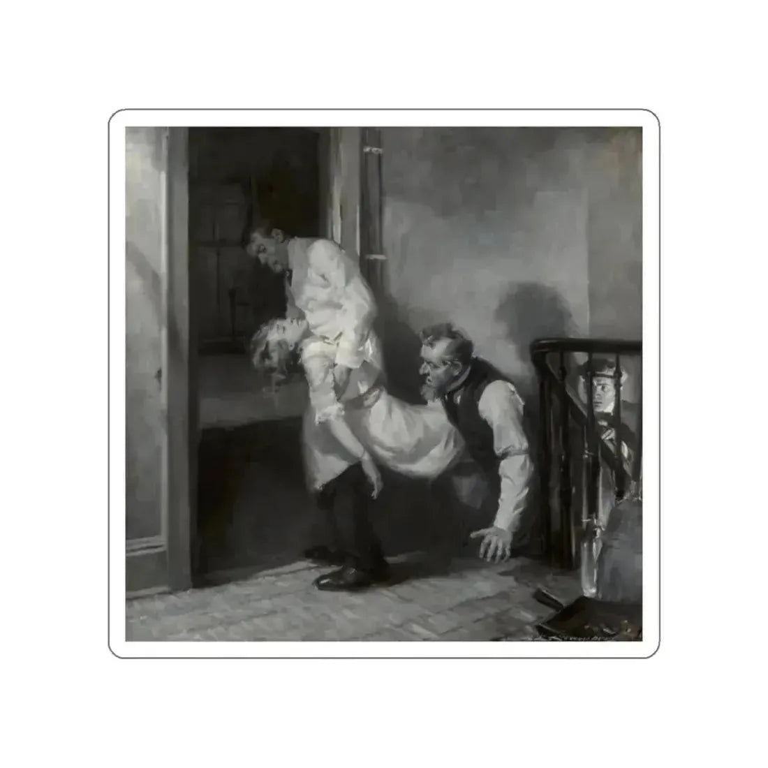 Men Carrying Woman Upstairs (Magazine Illustration) STICKER Vinyl Die-Cut Decal White Die-Cut 2 Inch - The Sticker Space