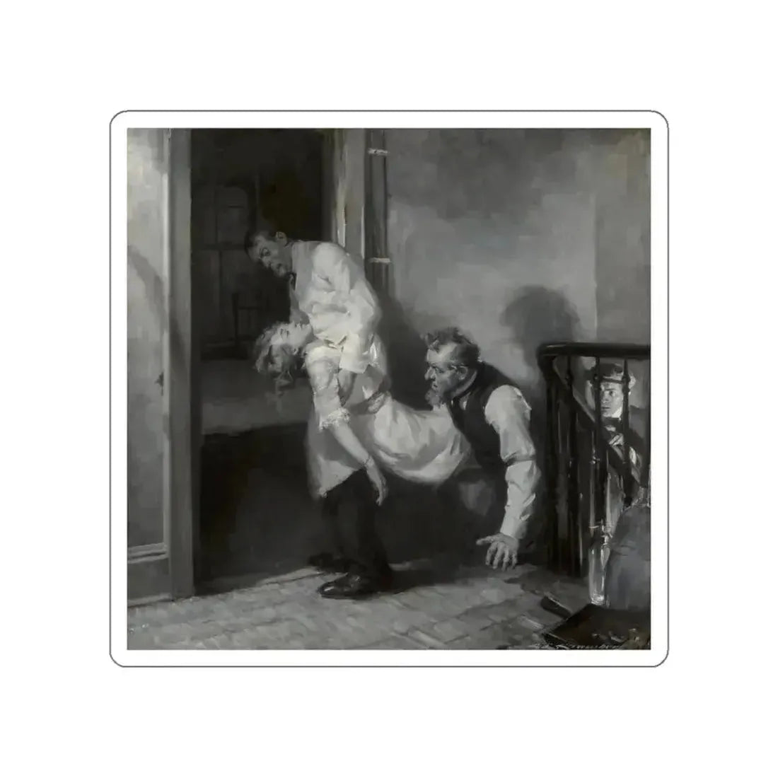 Men Carrying Woman Upstairs (Magazine Illustration) STICKER Vinyl Die-Cut Decal White Die-Cut 4 Inch - The Sticker Space