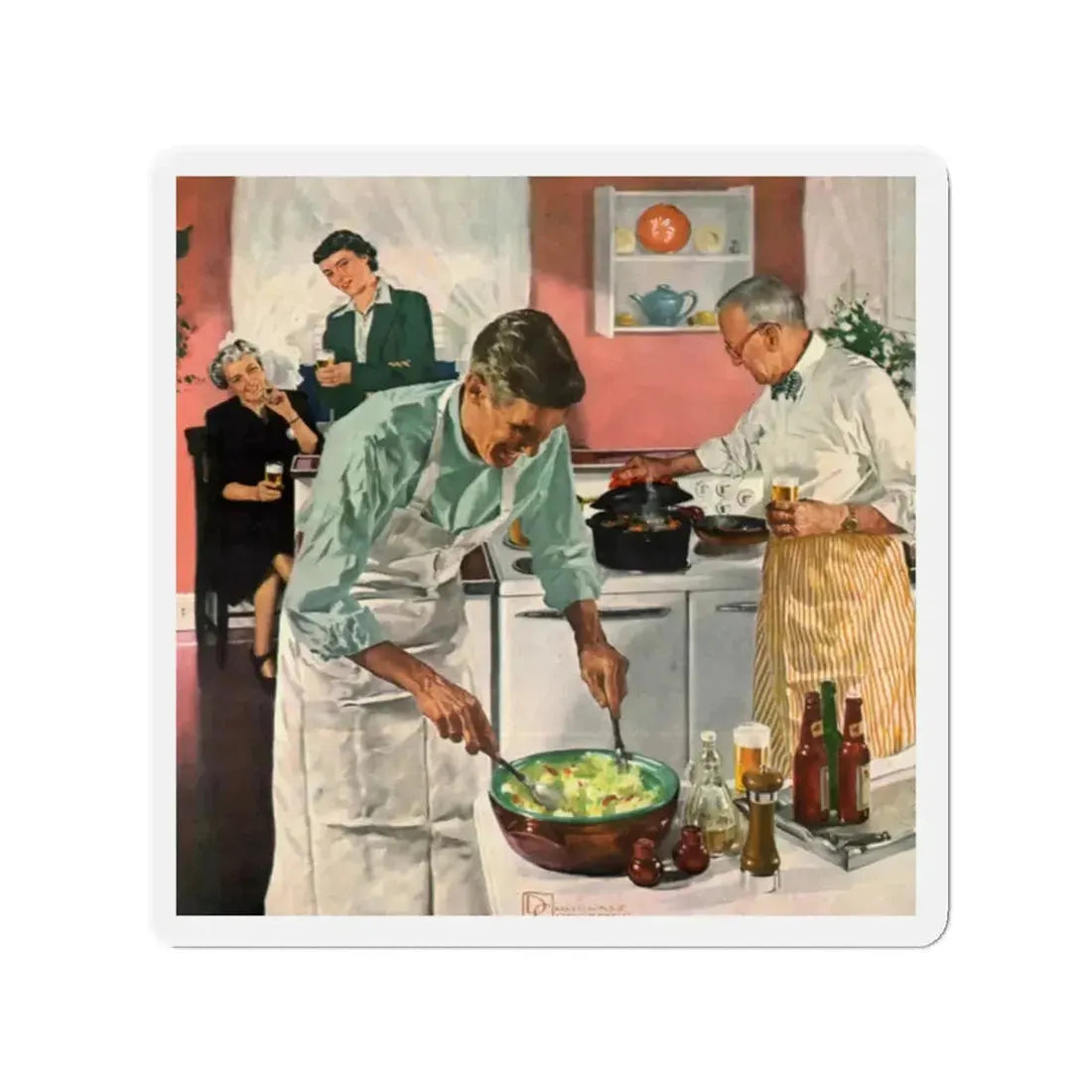Men's Night In The Kitchen. Number 52 in the series 'Home Life in America' (Magazine Illustration) Refrigerator Magnet 2 Inch - The Sticker Space