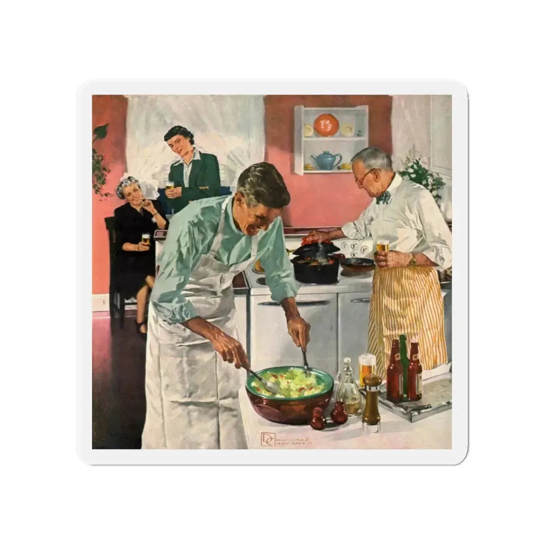 Men's Night In The Kitchen. Number 52 in the series 'Home Life in America' (Magazine Illustration) Refrigerator Magnet - The Sticker Space