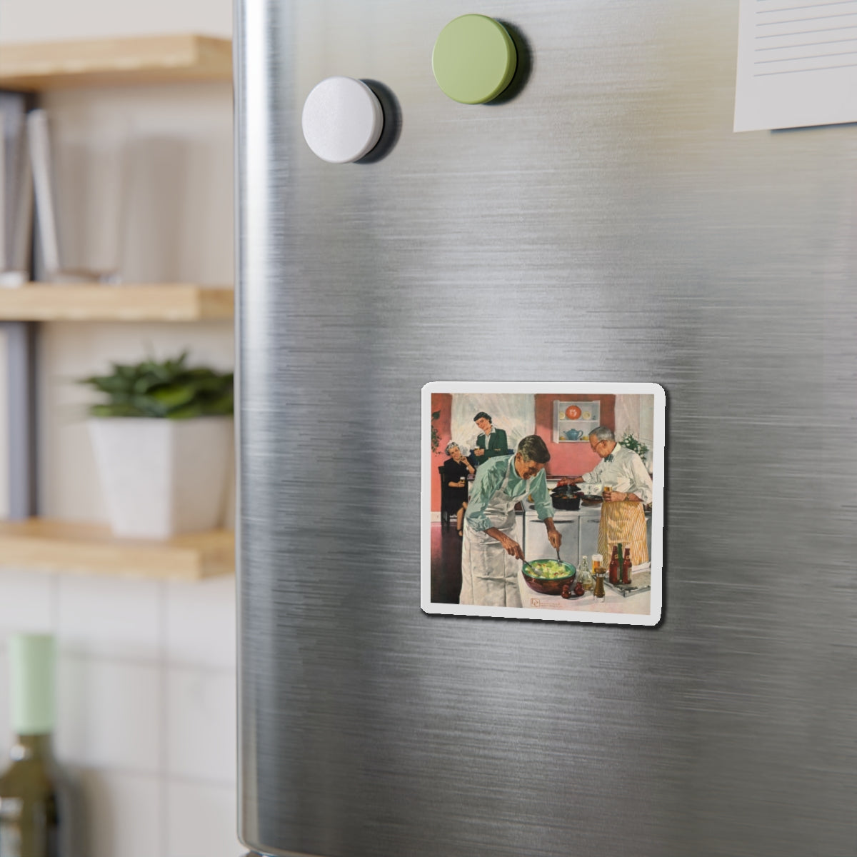 Men's Night In The Kitchen. Number 52 in the series 'Home Life in America' (Magazine Illustration) Refrigerator Magnet-The Sticker Space