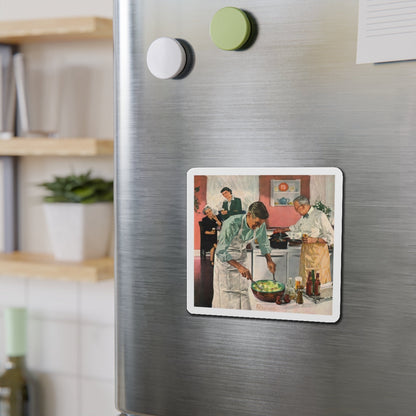 Men's Night In The Kitchen. Number 52 in the series 'Home Life in America' (Magazine Illustration) Refrigerator Magnet-The Sticker Space