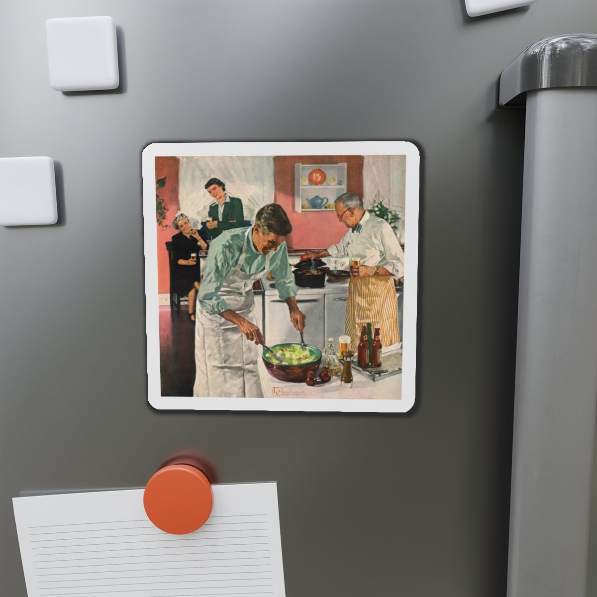 Men's Night In The Kitchen. Number 52 in the series 'Home Life in America' (Magazine Illustration) Refrigerator Magnet-The Sticker Space