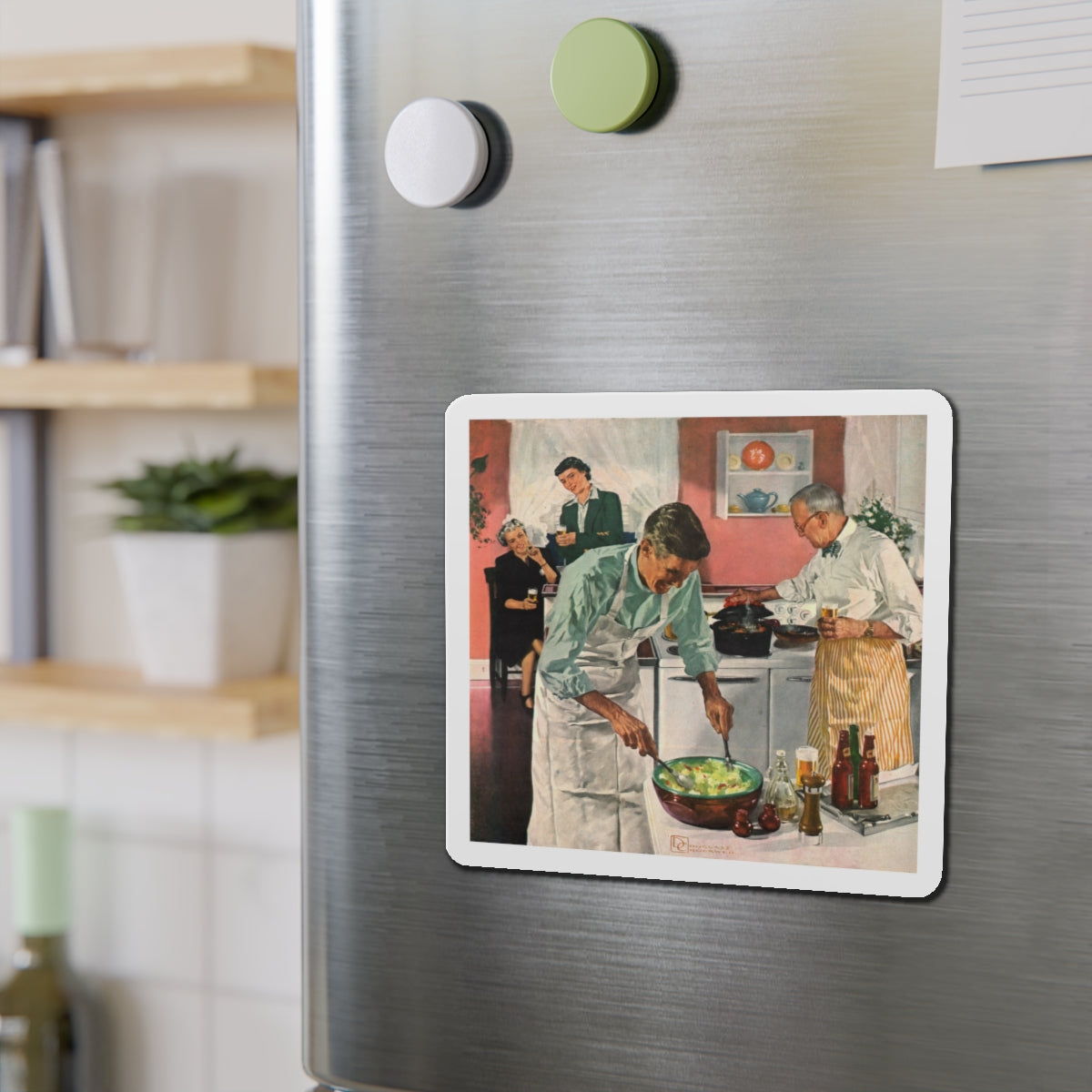 Men's Night In The Kitchen. Number 52 in the series 'Home Life in America' (Magazine Illustration) Refrigerator Magnet-The Sticker Space