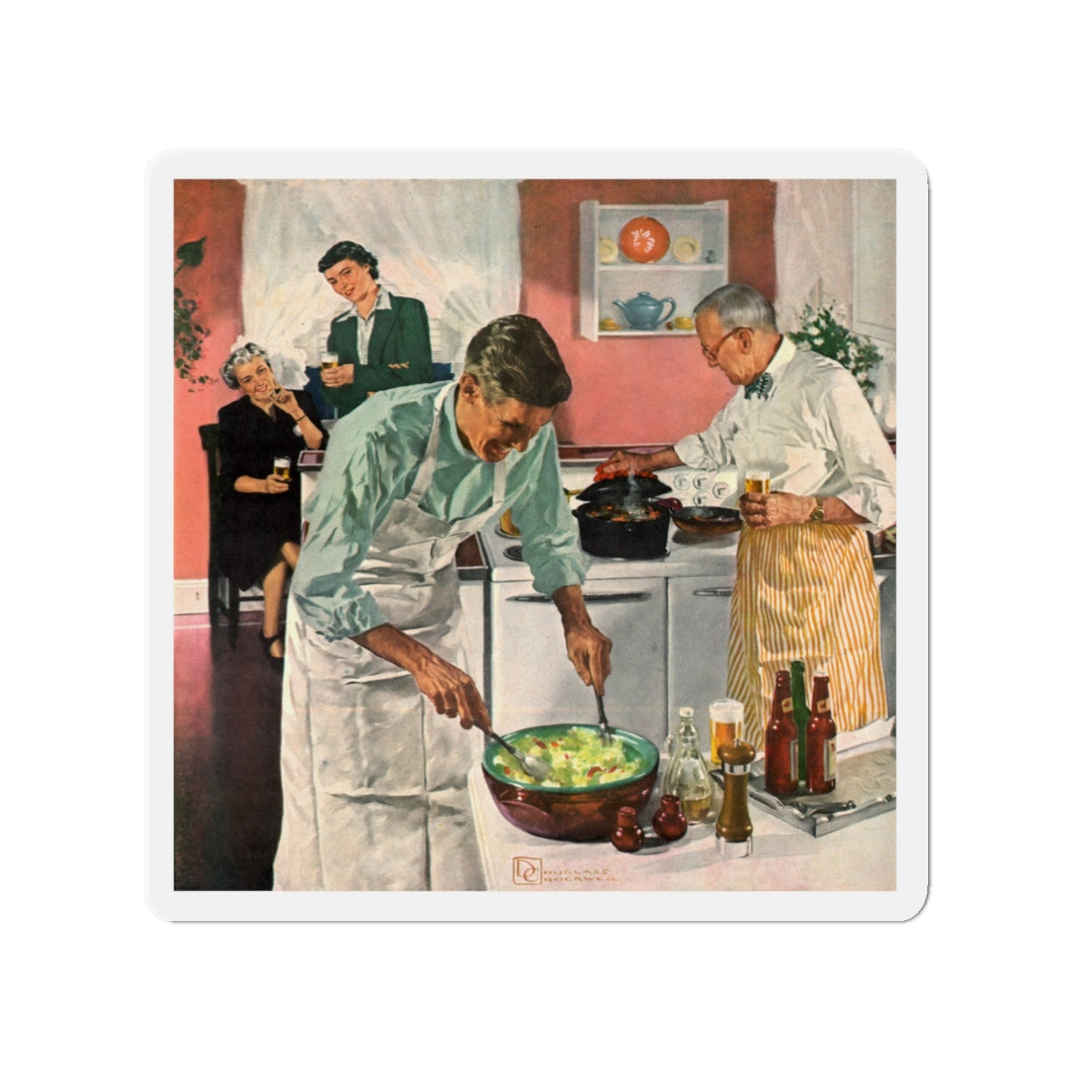 Men's Night In The Kitchen. Number 52 in the series 'Home Life in America' (Magazine Illustration) Refrigerator Magnet-3" x 3"-The Sticker Space