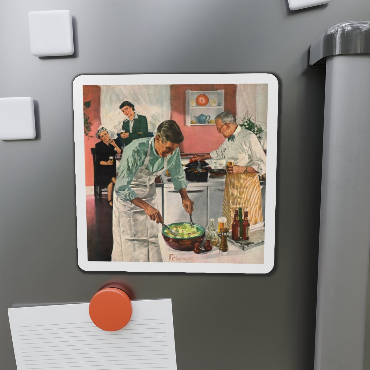 Men's Night In The Kitchen. Number 52 in the series 'Home Life in America' (Magazine Illustration) Refrigerator Magnet-The Sticker Space