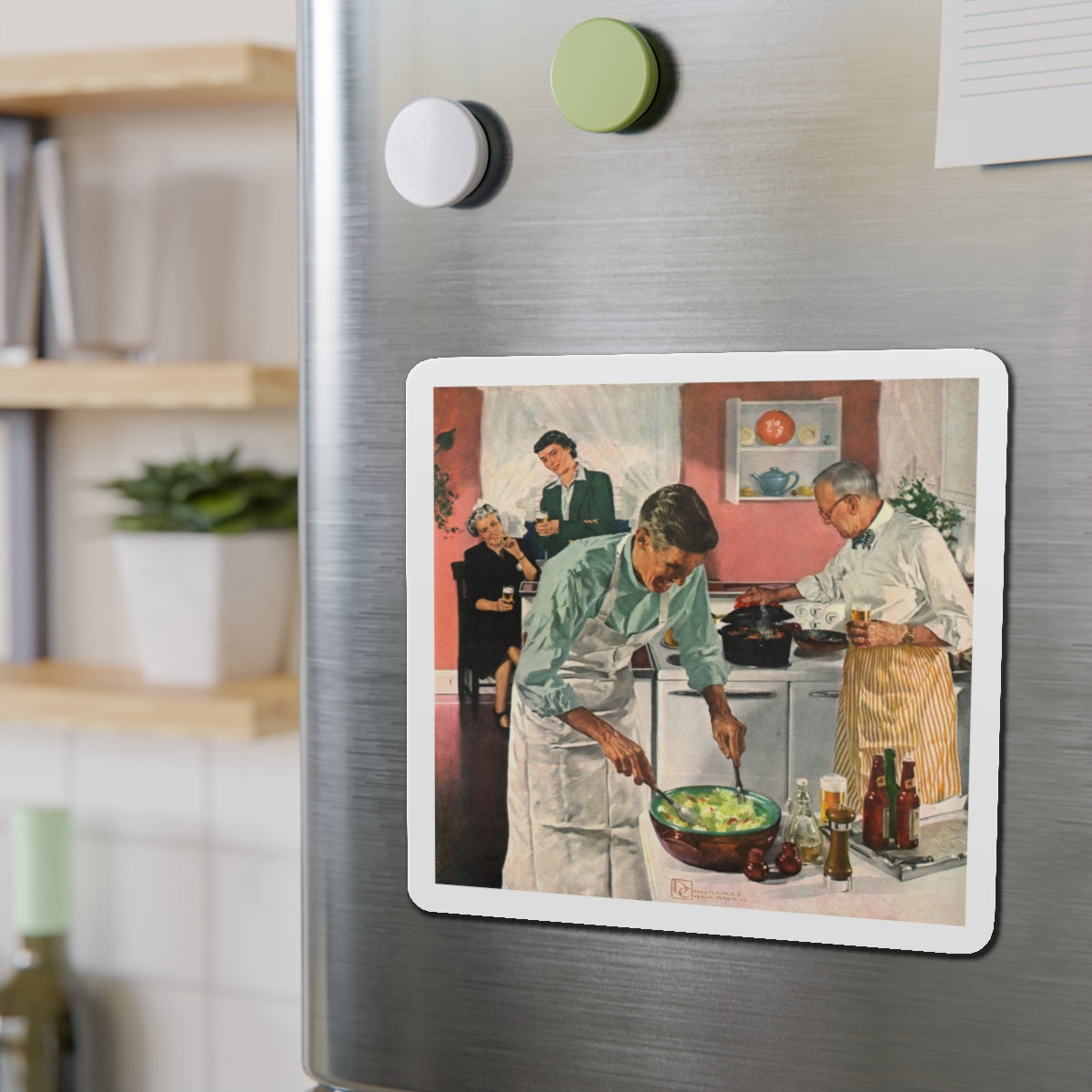 Men's Night In The Kitchen. Number 52 in the series 'Home Life in America' (Magazine Illustration) Refrigerator Magnet-The Sticker Space