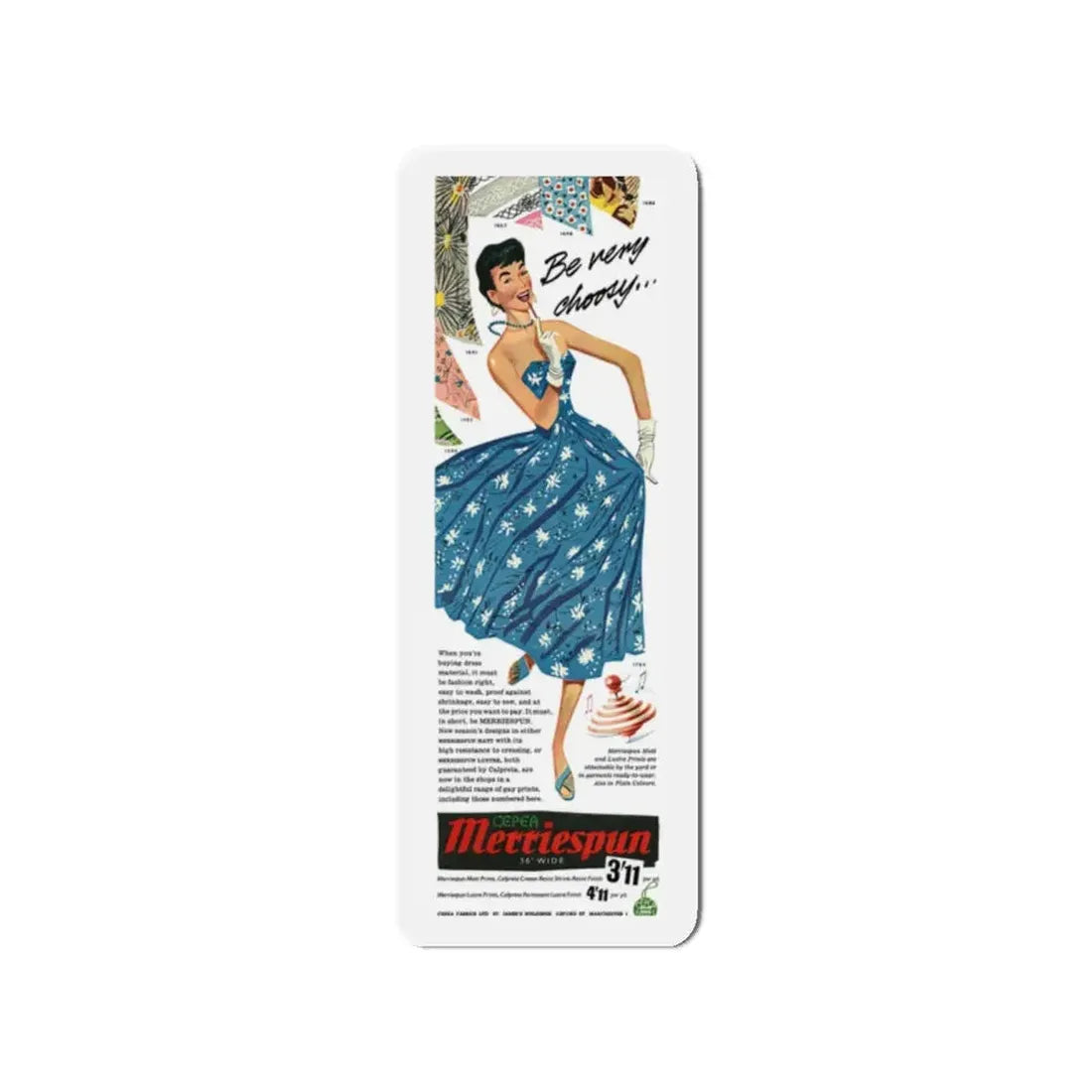 Merriespun Fabrics advertisement, 1955 (Magazine Illustration) Refrigerator Magnet 2 Inch - The Sticker Space