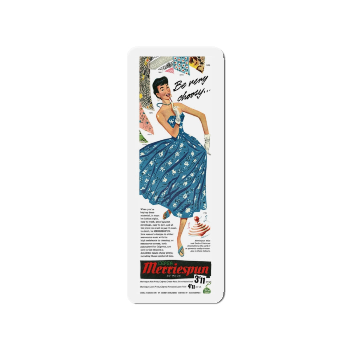 Merriespun Fabrics advertisement, 1955 (Magazine Illustration) Refrigerator Magnet-2" x 2"-The Sticker Space