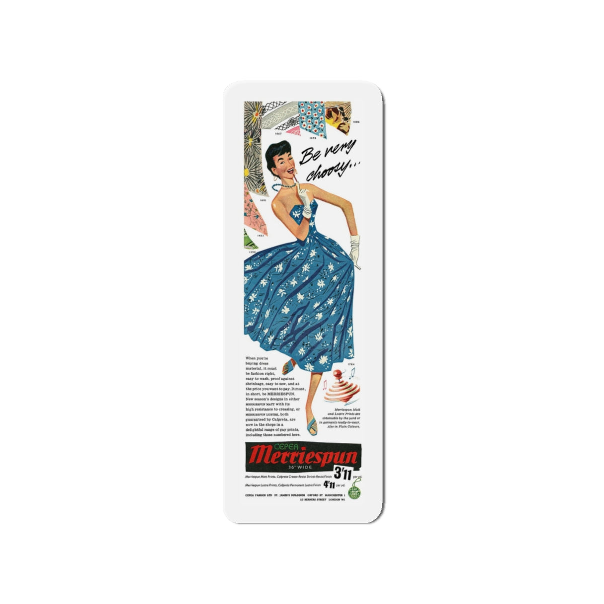 Merriespun Fabrics advertisement, 1955 (Magazine Illustration) Refrigerator Magnet-3" x 3"-The Sticker Space